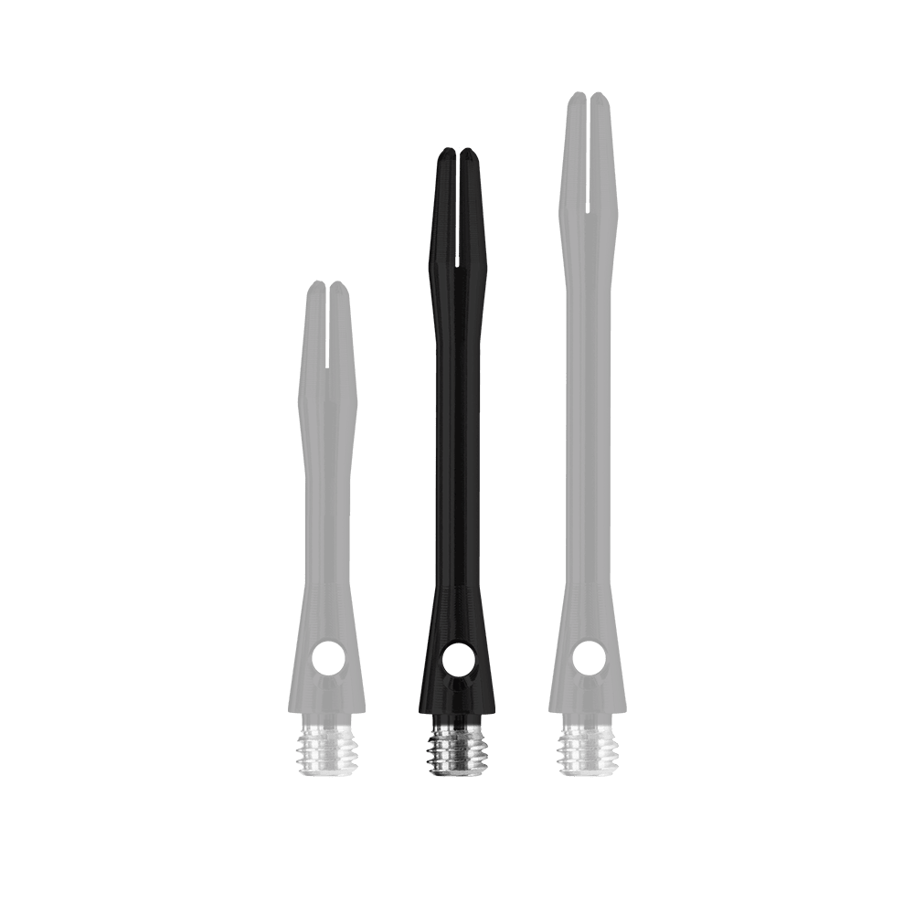 HR367_Harrows_Keramic_Shafts_Schwarz_41mm_1 Das Bild zeigt drei schwarze Harrows Keramic Shafts in mattem Finish. Sie sind in unterschiedlichen Längen angeordnet und haben ein silbernes Gewinde am unteren Ende.