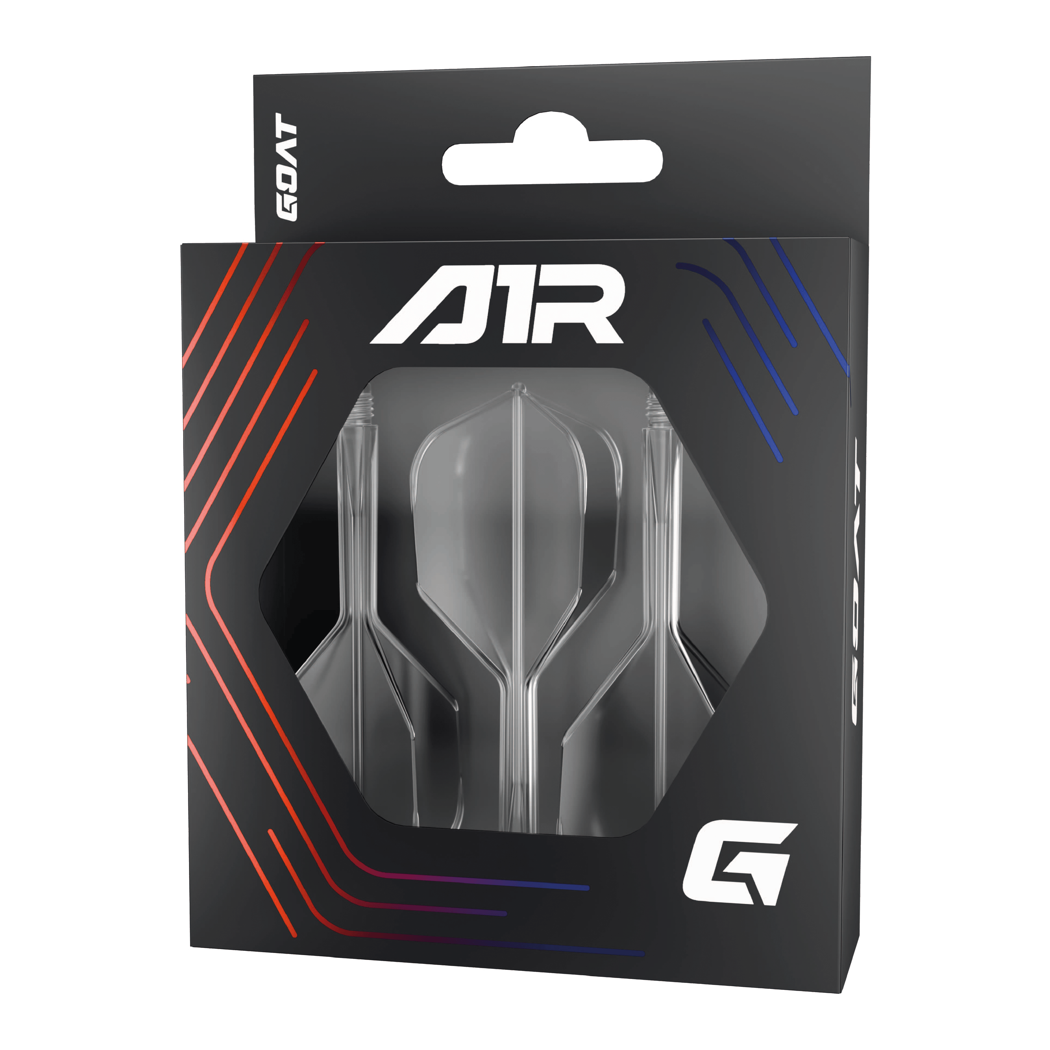 GOAT A1R No6 Flight Shaft System - Clear Die Abbildung zeigt das Produkt "GOAT A1R No6 Flight-Shaft-System - Clear" in einer schwarzen Verpackung mit Sichtfenster. In der Packung sind drei klare Flight-Shaft-Systeme für Dartpfeile zu sehen.