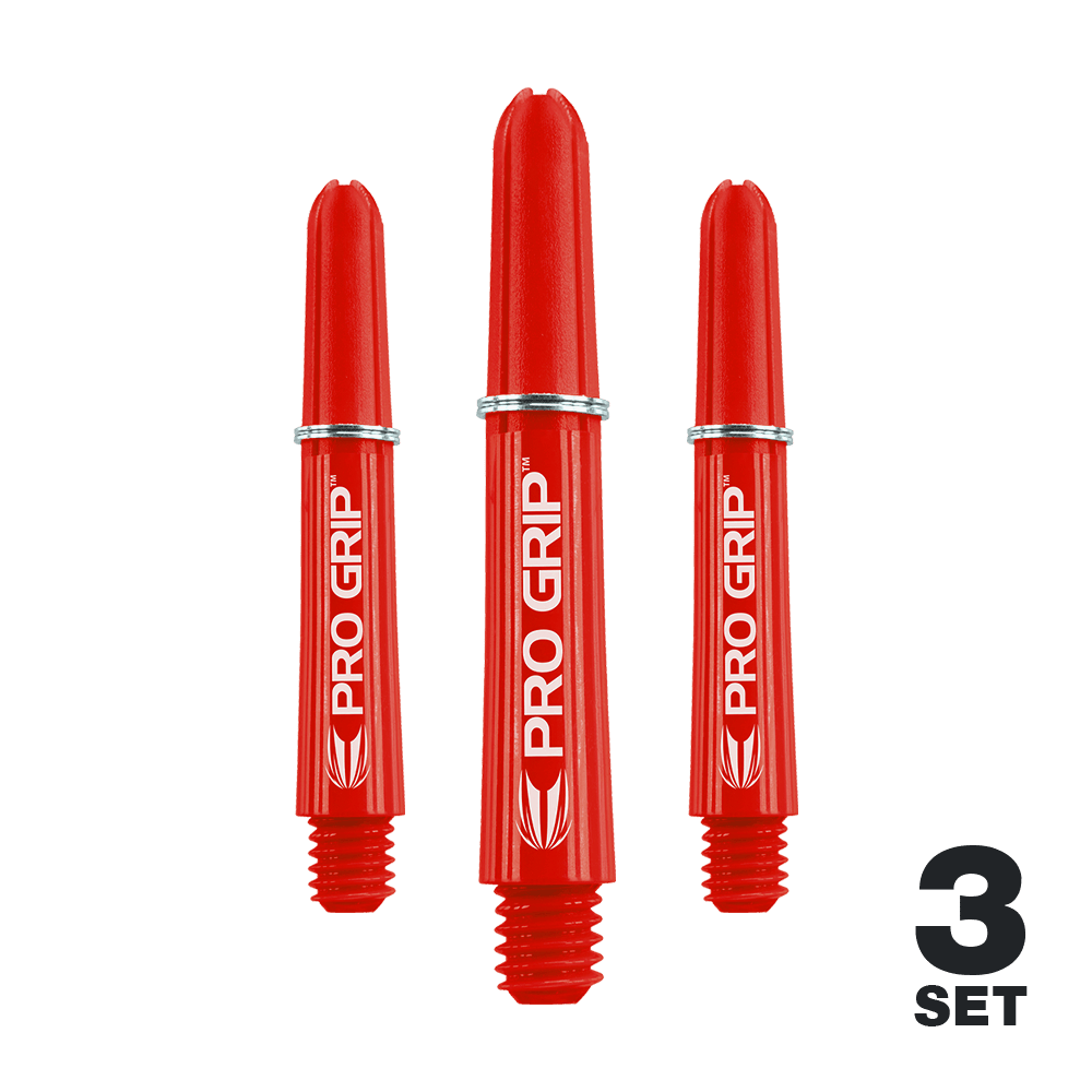 Target Pro Grip Shafts - 3 Sets - Red Das Bild zeigt drei rote Pro Grip Dart-Schäfte, die nebeneinander stehen. In der rechten unteren Ecke steht "3 Set".