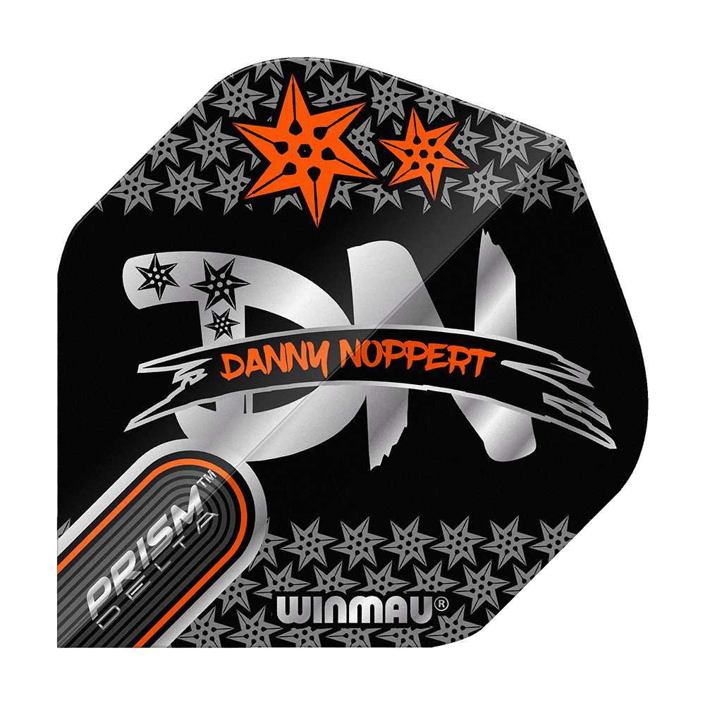 Winmau Prism Delta Danny Noppert Black Signature No2 Standard Flights Das Bild zeigt ein Dart-Flight mit dem Namen "Winmau Prism Delta Danny Noppert Black Signature No2 Standard Flights". Auf dem schwarzen Flight sind silberne und orangefarbene Sterne sowie der Name von Danny Noppert in orange geschrieben.