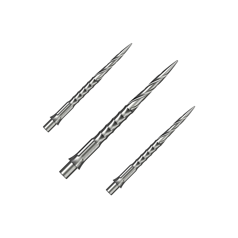 Caliburn System steel dart tips - Spiro - NoLip - silver Das Bild zeigt ein Set aus silbernen Steeldartspitzen. Diese Spitzen sind 32 mm lang und haben ein Spiro NoLip Design.