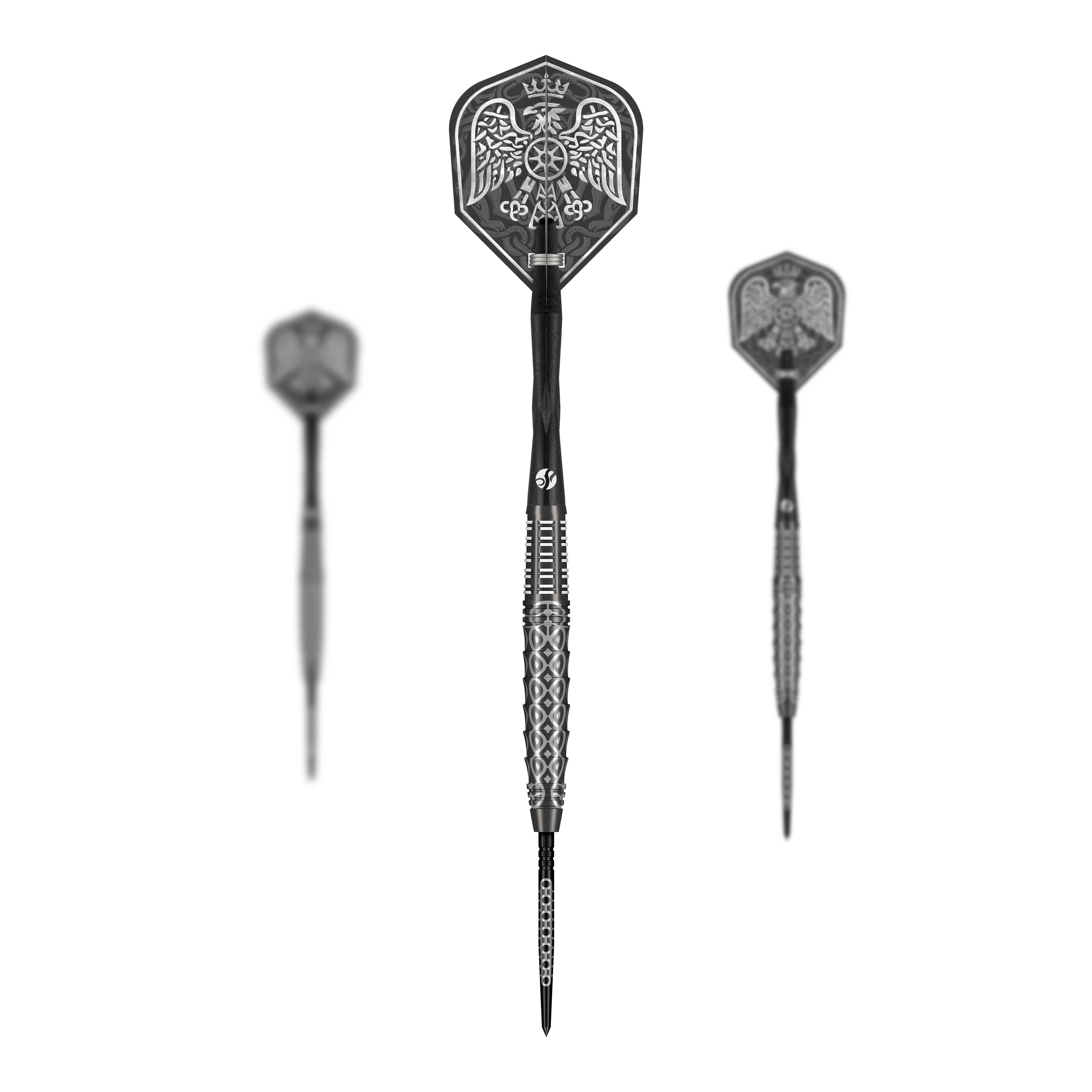 Shot Goths Wulfaz Turbo Point Steel Darts - 23g Das Bild zeigt das Shot Goths Wulfaz Turbo Point Steeldarts - 23g Set. Alle Teile des Dart Sets sind deutlich zu erkennen.