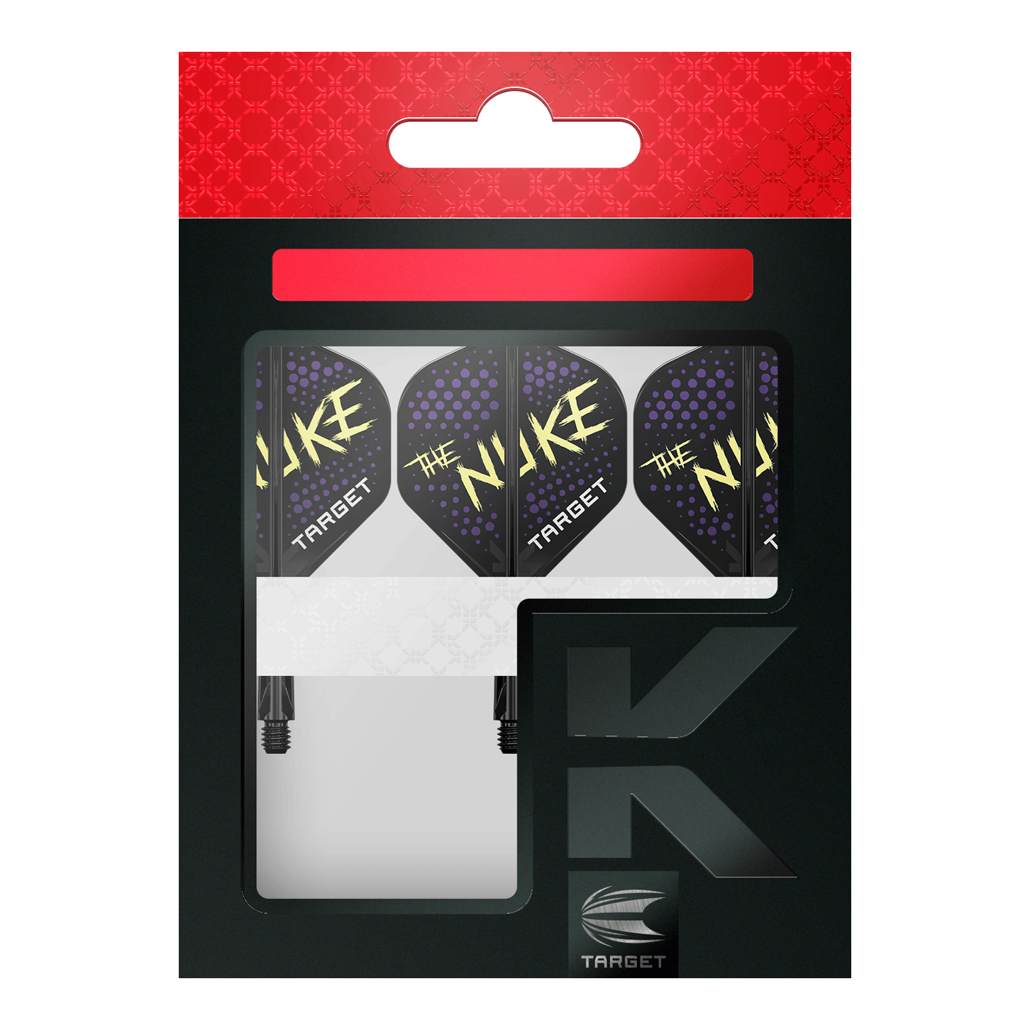 Target K-Flex Luke Littler Black No2 Standard Flight System Auf dem Bild ist eine Packung mit Dartflights der Marke Target zu sehen. Die Flights sind schwarz mit lilafarbenen Punkten und dem gelben Schriftzug "The Nuke".