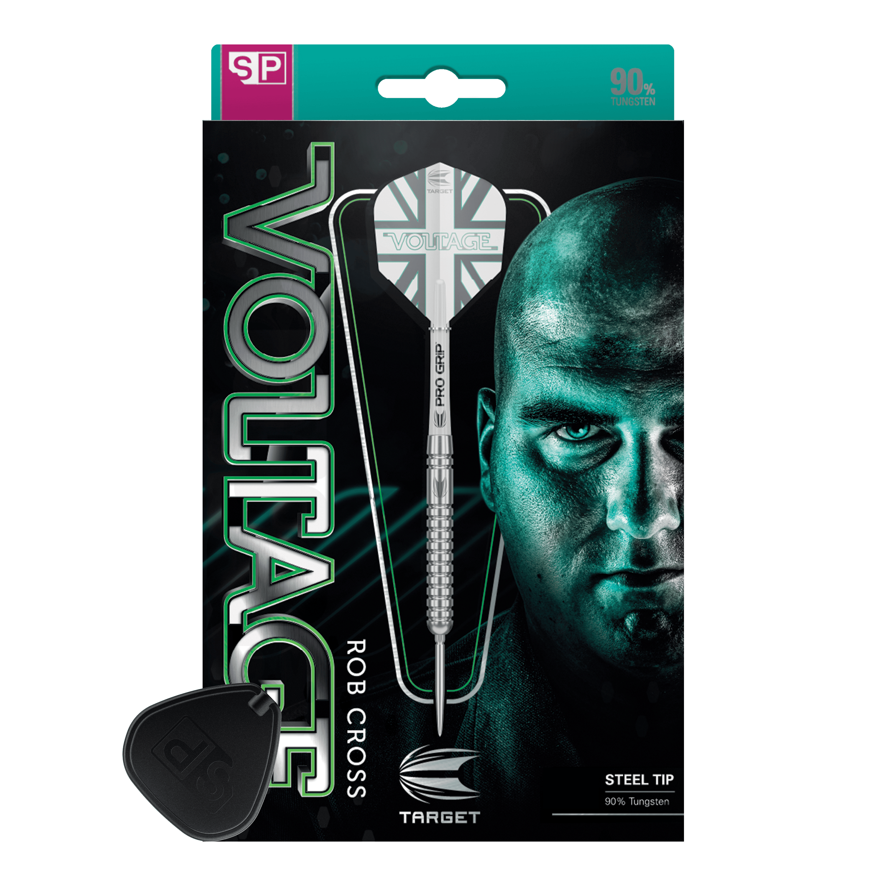 Target Rob Cross Voltage Swiss Point Steel Darts Das Bild zeigt die Verpackung der "Target Rob Cross Voltage Swiss Point Steeldarts". Auf der Verpackung sind ein Dartpfeil und das Gesicht eines Mannes prominent abgebildet.