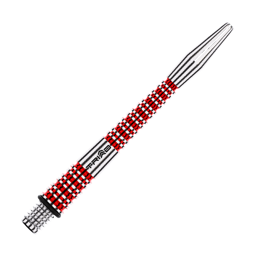 Das Bild zeigt einen rot-silbernen Aluminium-Dartschafte mit dem Schriftzug "TRIAD". Die Oberfläche ist strukturiert und bietet einen guten Halt.