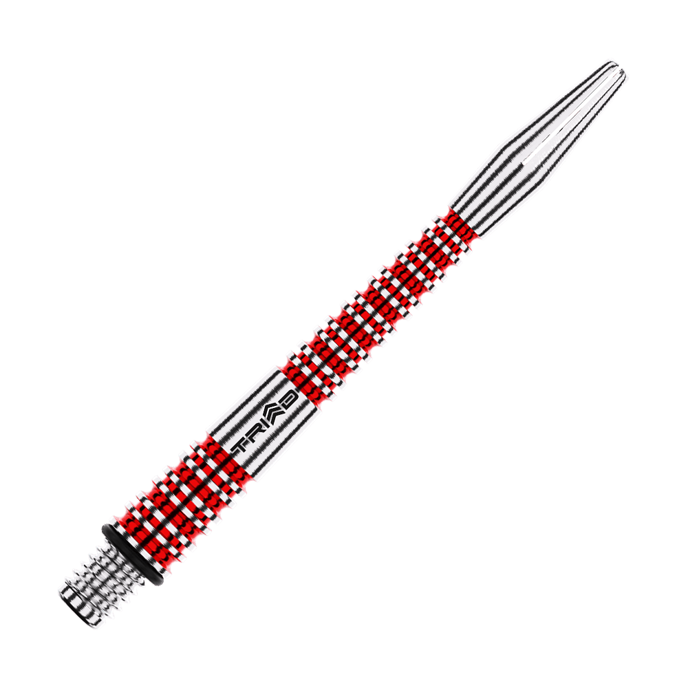 Winmau Triad RX Aluminium Shafts - Rot Das Bild zeigt einen rot-silbernen Aluminium-Dartschafte mit dem Schriftzug "TRIAD". Die Oberfläche ist strukturiert und bietet einen guten Halt.