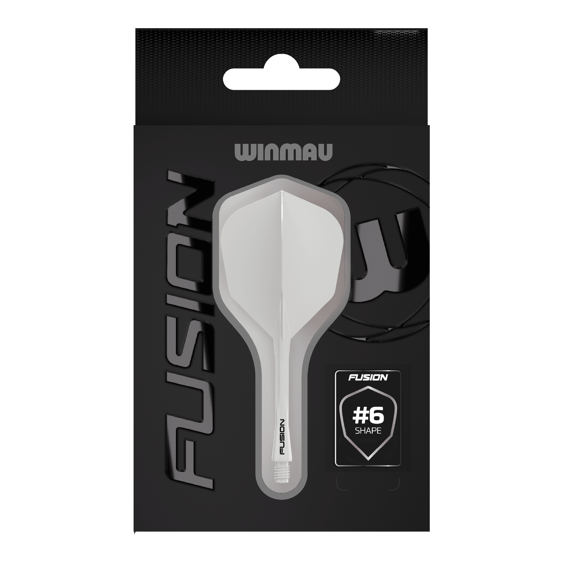 Das Bild zeigt das Winmau Fusion Flight-Shaft-System No6 Solid White. Es handelt sich um ein weißes Dart-Zubehör.