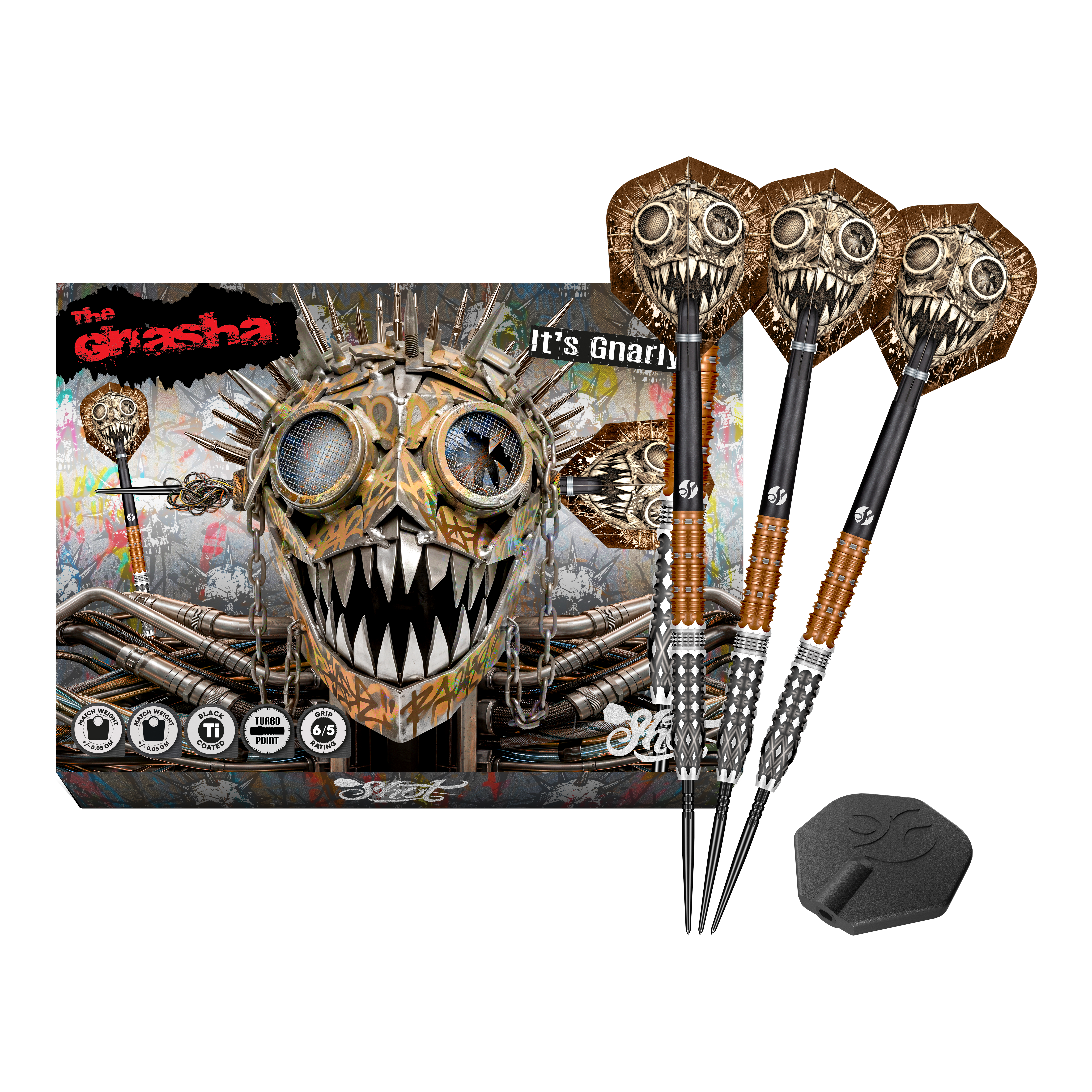 Shot Gnarly Gnasha Turbo Point Steeldarts - 23g Dieses Bild stellt die Shot Gnarly Gnasha Turbo Point Steeldarts mit 23g vollständig dar. Das Set ist ideal für Dart-Liebhaber.
