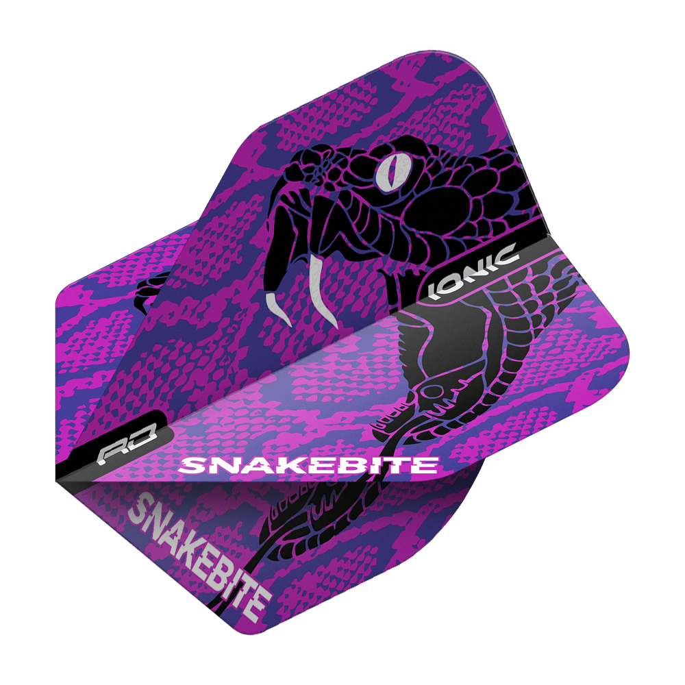 Das Bild zeigt ein Dart-Flight mit einem auffälligen lila Schlangenmuster und den Worten „SNAKEBITE“. Auf dem Flight ist ein schwarzer Schlangenkopf mit herausgestreckten Giftzähnen abgebildet.