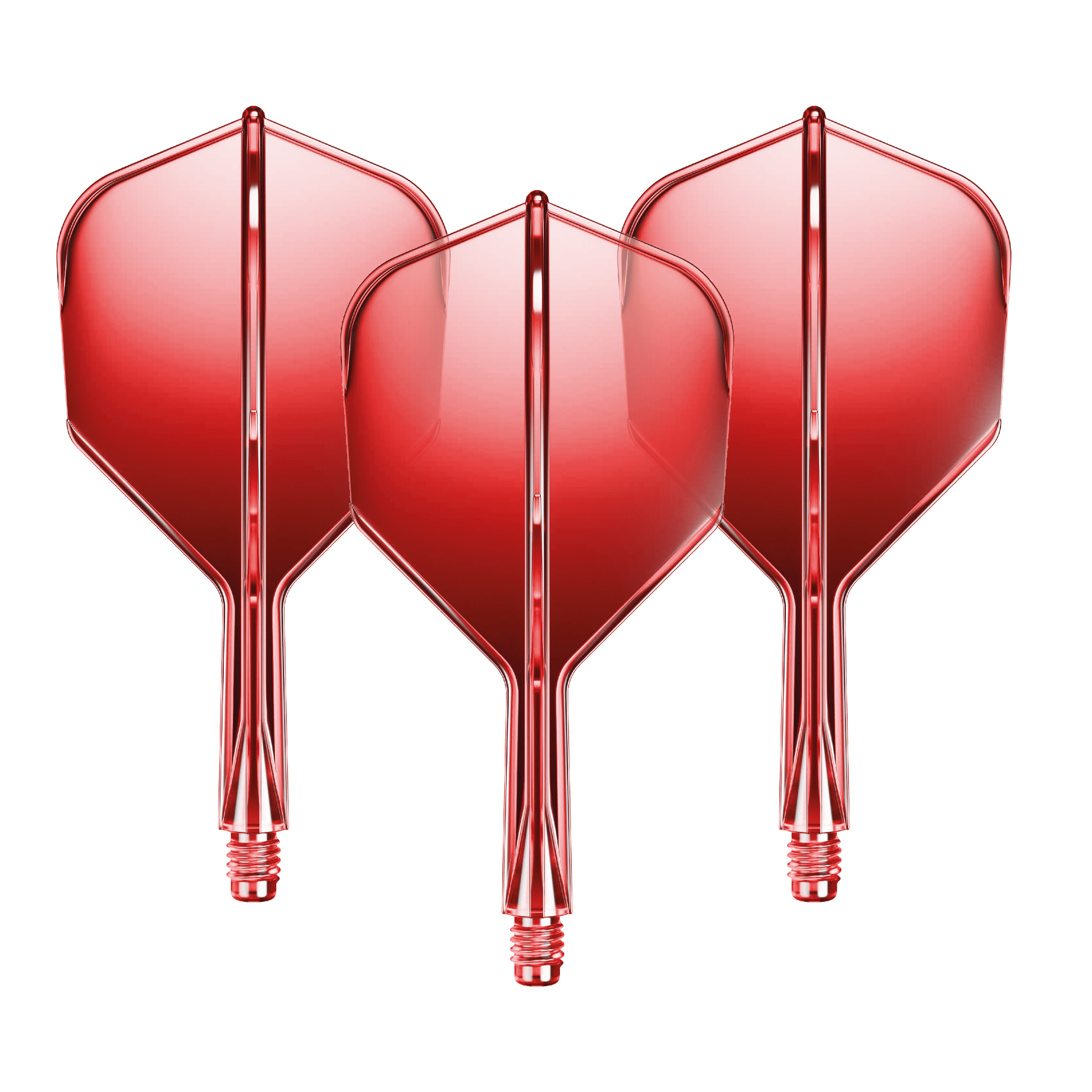 GOAT A1R No6 Flight Shaft System - Red Auf dem Bild sind drei rote Dart-Flights mit Shafts zu sehen. Sie sind gleichmäßig nebeneinander angeordnet und glänzen leicht.
