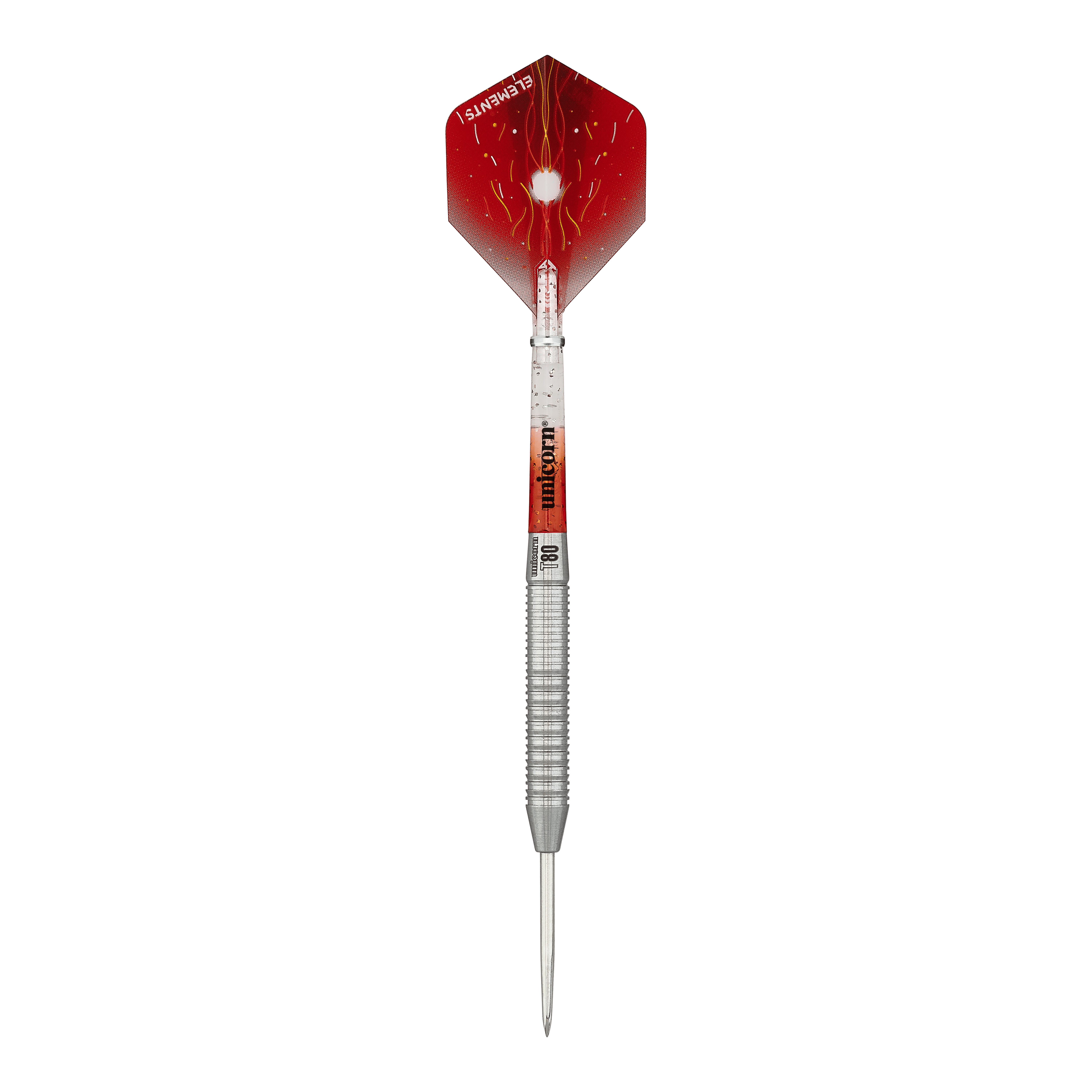Unicorn Core XL Striker Style 1 Steeldarts - 22g Das Bild zeigt einen Unicorn Core XL Striker Style 1 Steeldart mit einem Gewicht von 22 Gramm. Der Dart hat eine silberne Spitze und einen roten Flight mit auffälligem Muster.