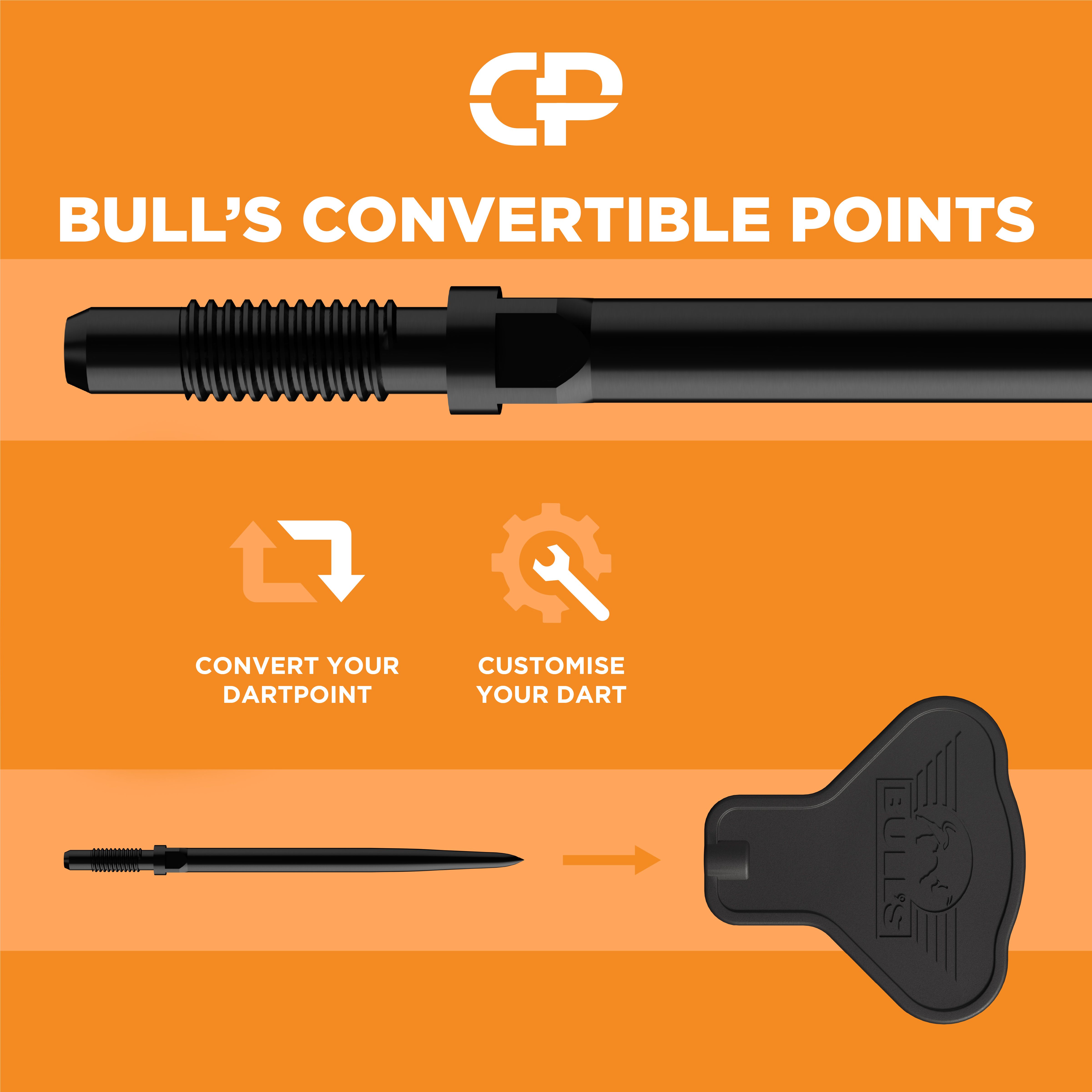 Auf dem Bild ist das Bulls NL Convertible Points Tool zu sehen. Dieses Werkzeug wird zum einfachen Wechseln von Dartspitzen verwendet.