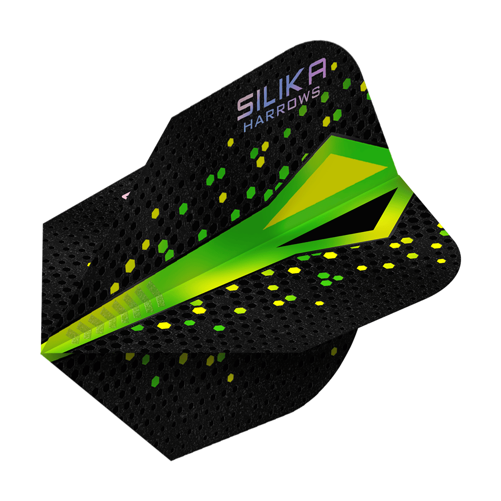 Das Bild zeigt ein Dartflight der Marke Harrows mit dem Namen „Silika Colourshift Tough Crystalline Coating Green No6“. Das Flight ist überwiegend schwarz mit grünen und gelben Akzenten sowie hexagonalen Mustern.