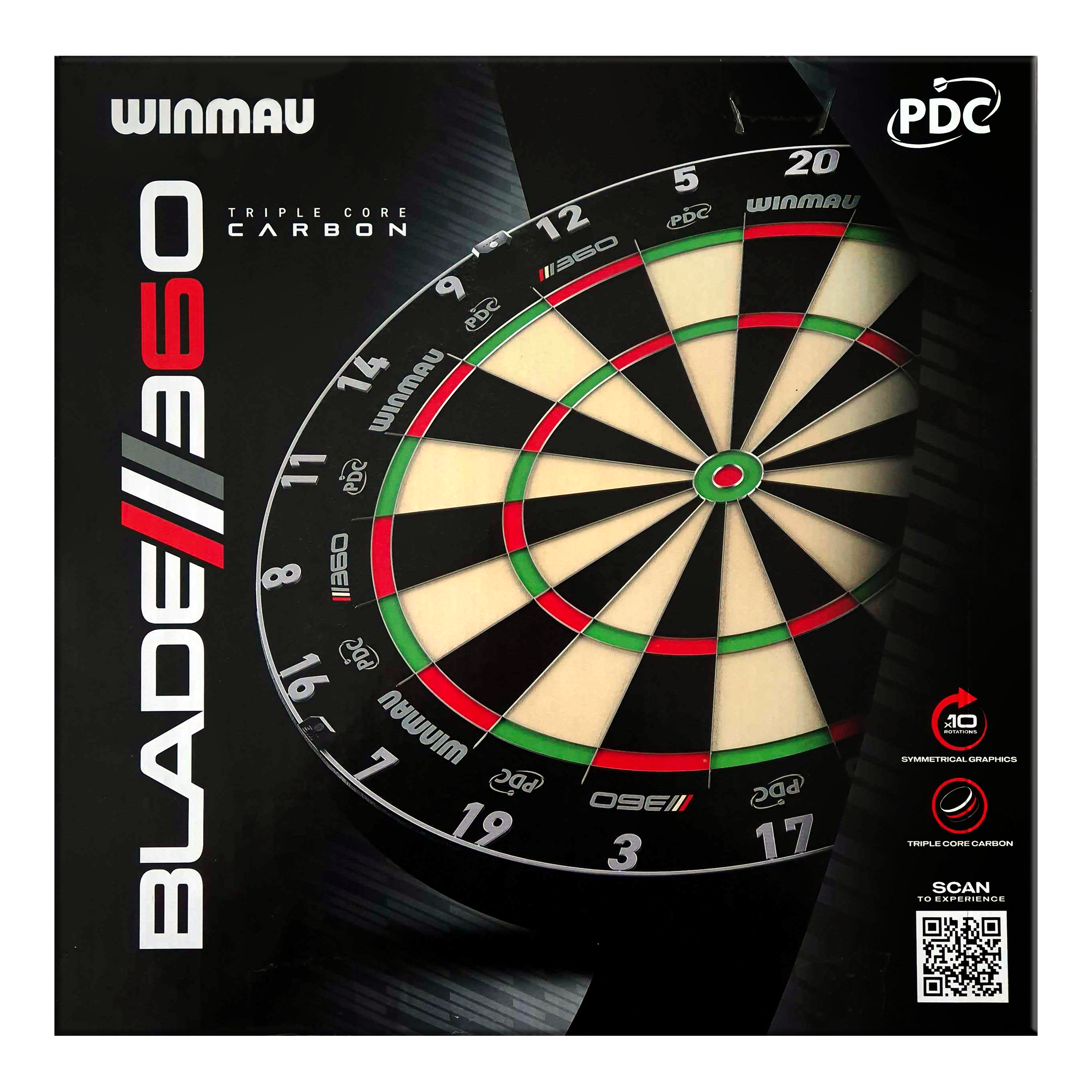 Winmau Blade 6 Triple Core 360 steel dartboard Das Bild zeigt ein Dartboard. Der Dateiname lautet '3060_Winmau_Blade_360_Steeldartboard_5'.
