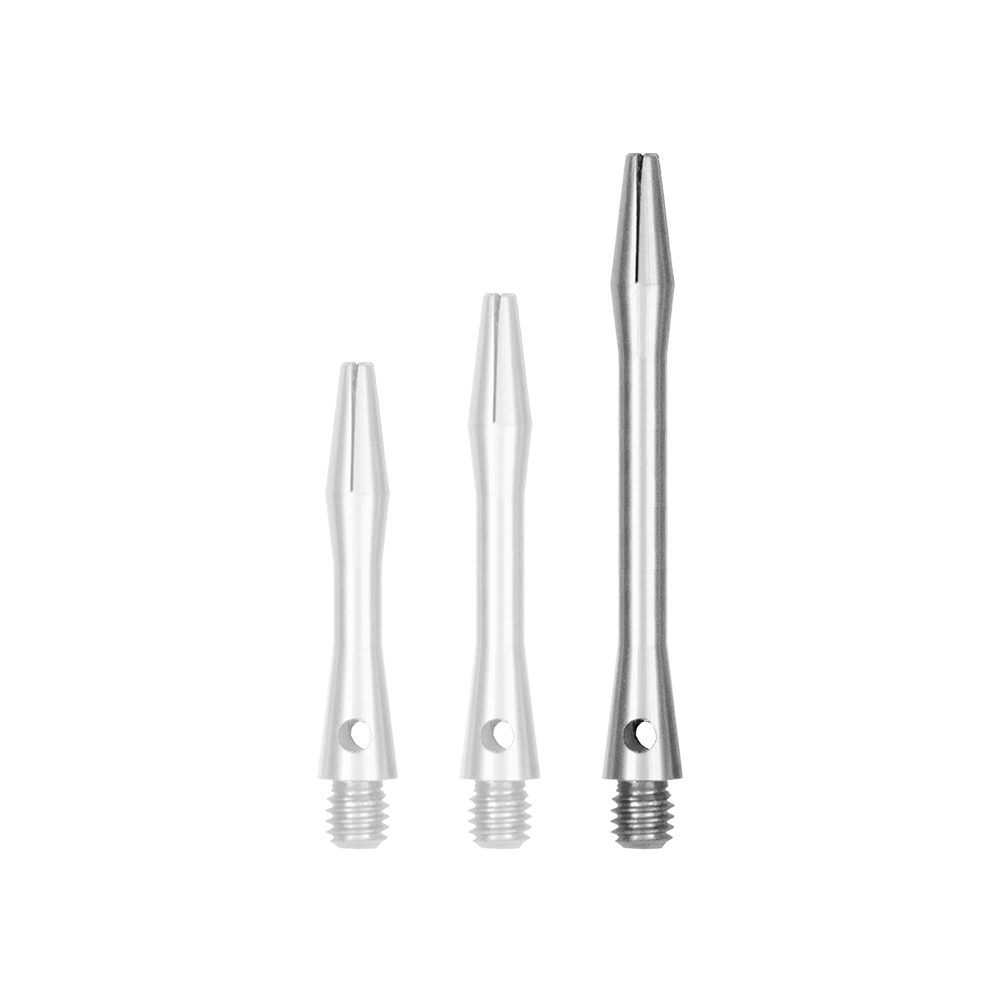 519_Aluminium_Shafts_Silber_46mm_1 Das Bild zeigt drei Aluminium-Schäfte in Silber nebeneinander. Die Schäfte haben unterschiedliche Längen und sind zum Einschrauben geeignet.