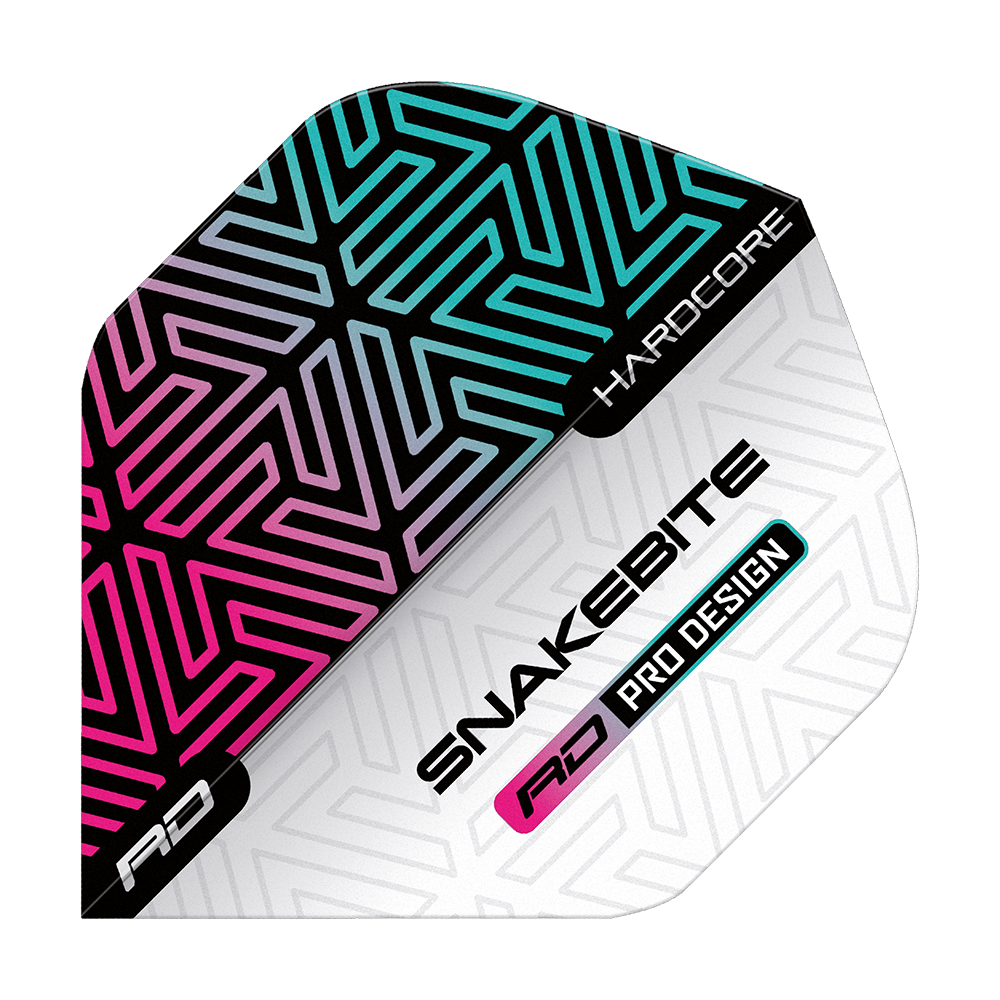 TF6842_Red_Dragon_Hardcore_Peter_Wright_Snakebite_White_Rainbow_Standard_Flights_1yVwJKB1udXLjj Das Bild zeigt ein Dartflight mit farbenfrohem, geometrischem Muster in Schwarz, Pink und Türkis. Auf dem Flight stehen die Wörter "SNAKEBITE", "HARDCORE" und "RD PRO DESIGN".