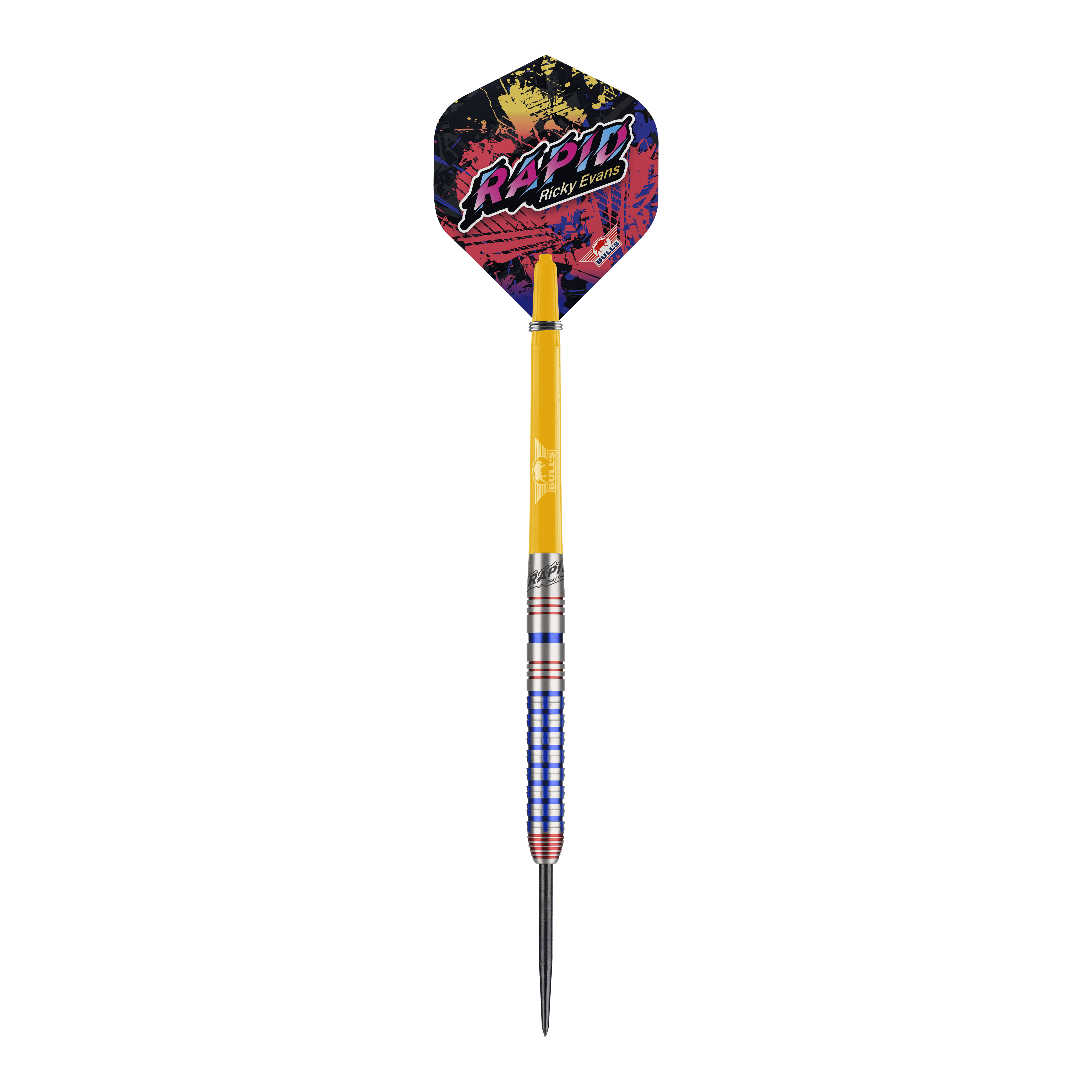 Bulls NL Ricky Evans Rapid Edition One Steel Darts Auf dem Bild ist ein Steeldart der Marke Bulls NL, Modell "Ricky Evans Rapid Edition One", zu sehen. Der Dart hat bunte Flights mit dem Schriftzug "RAPID Ricky Evans" und ein auffälliges Griffdesign in Silber, Blau und Rot.