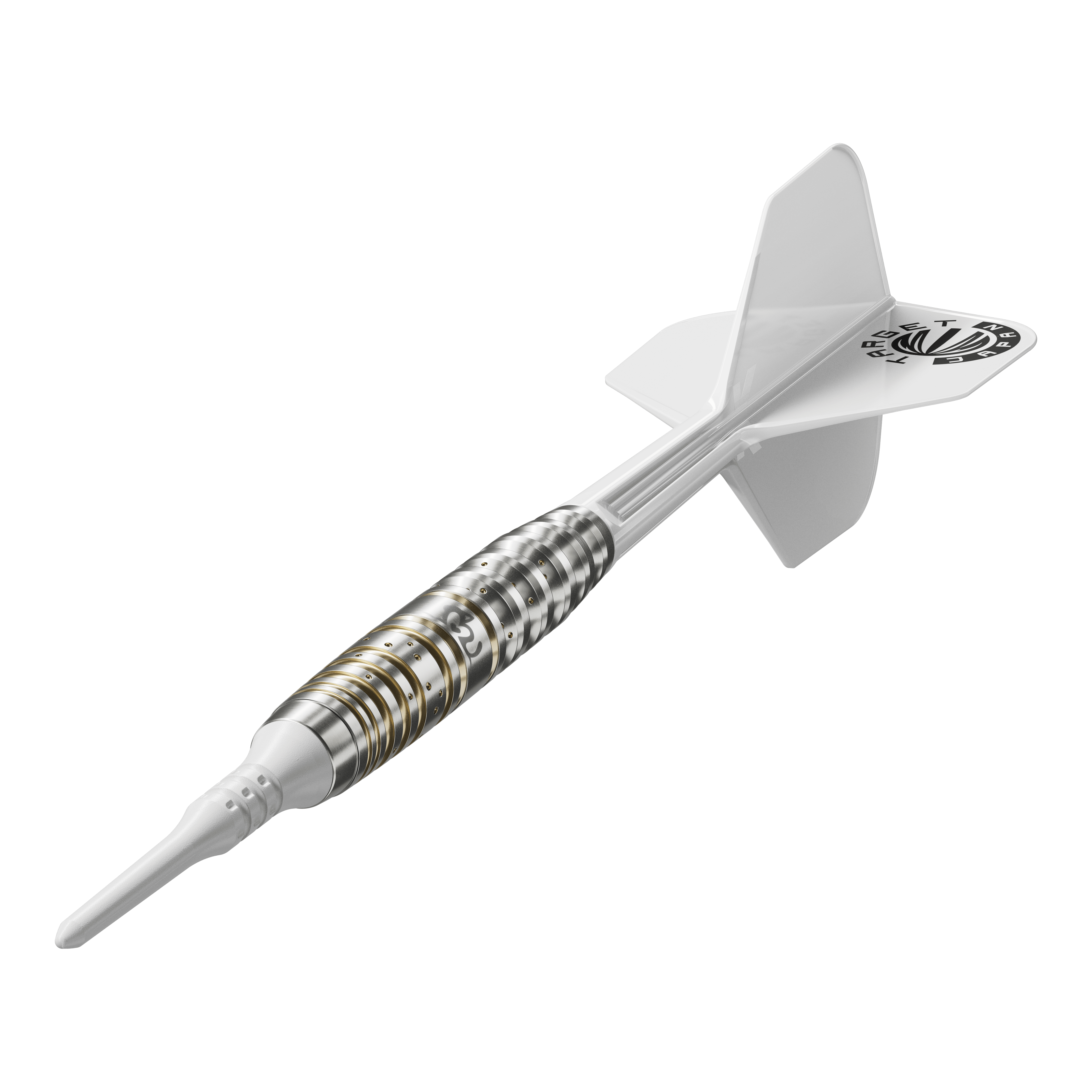 Target Japan Prime Series Mayujo Morita GEN6 Soft Darts - 18g Das Bild zeigt einen Softdartpfeil aus der Target Japan Prime Series Mayujo Morita GEN6 mit einem Gewicht von 18g. Der Pfeil hat ein weißes Flight und ein silberfarbenes Barrel mit goldenen Akzenten.