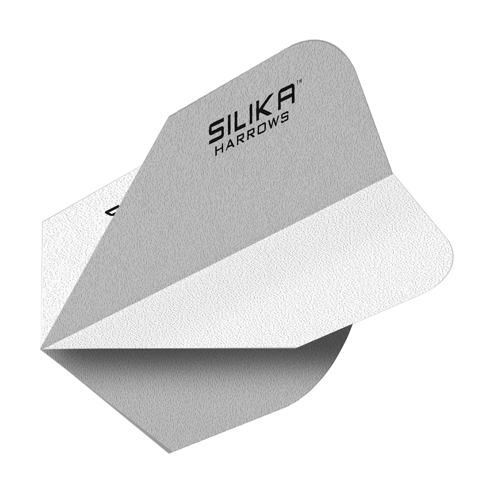Harrows Silica Solid Tough Crystalline Coating White No6 Flights Das Bild zeigt ein weißes Dart-Flight mit der Aufschrift "Silika Harrows". Das Flight hat eine solide, strukturierte Oberfläche und ist speziell für hohe Haltbarkeit entwickelt.