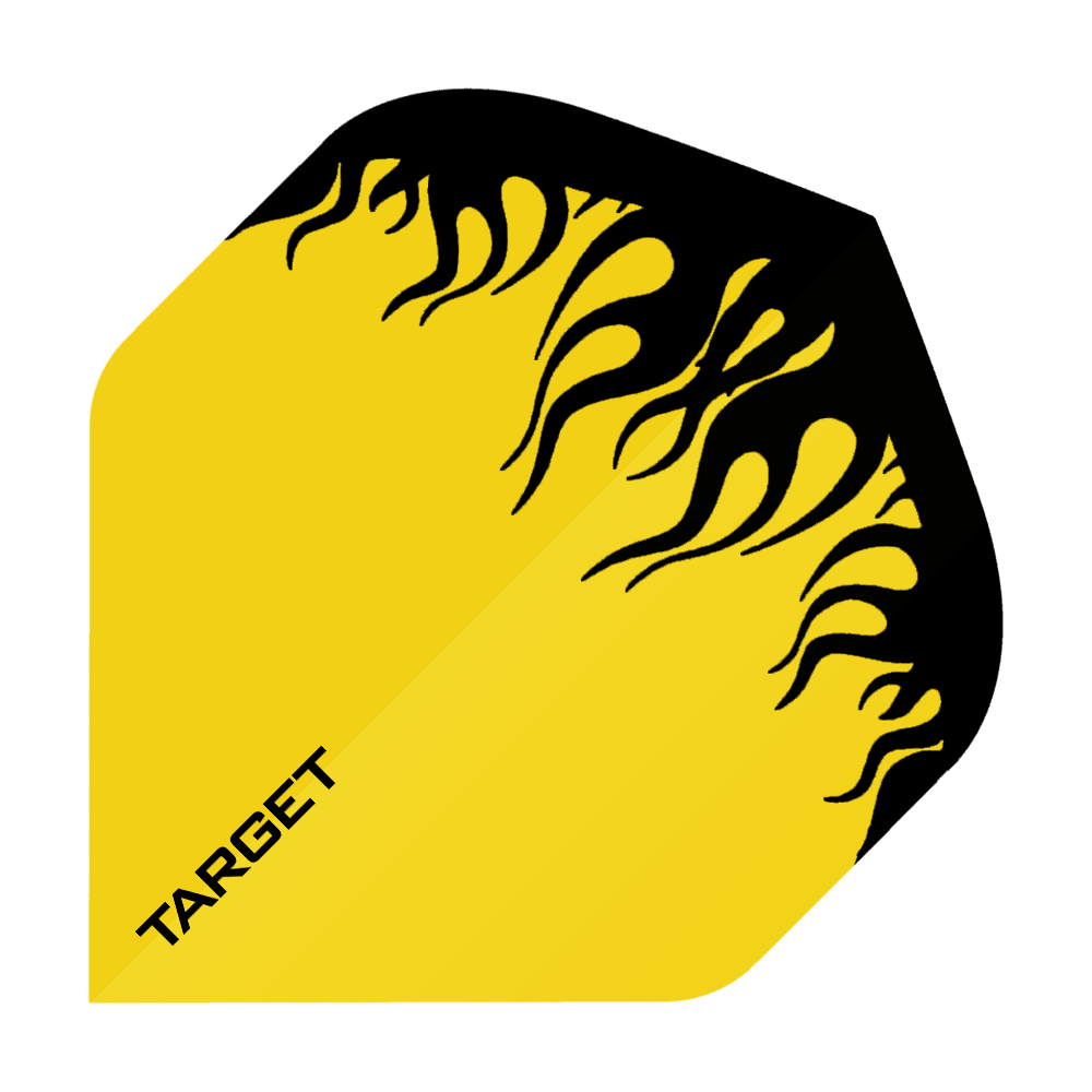 TG83_Target_Yellow_Flame_No2_Standard_Flights_1DjMEpxueJchfp Das Bild zeigt ein gelbes Dart-Flight mit schwarzem Flammenmuster. In der Ecke steht das Wort "TARGET".