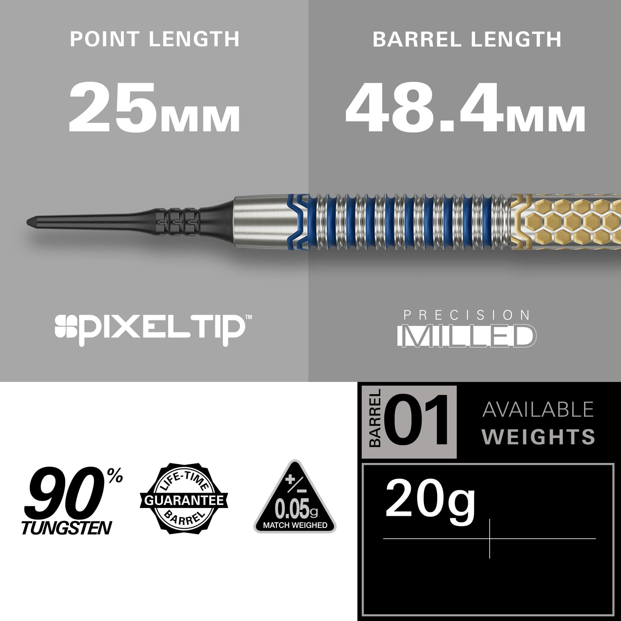 Target Josh Rock GEN1 Soft Darts - 20g Das Bild zeigt den Softdart "Target Josh Rock GEN1" mit einem Gewicht von 20g. Der Dart hat eine Spitzenlänge von 25 mm, eine Barrel-Länge von 48,4 mm und besteht zu 90% aus Tungsten.