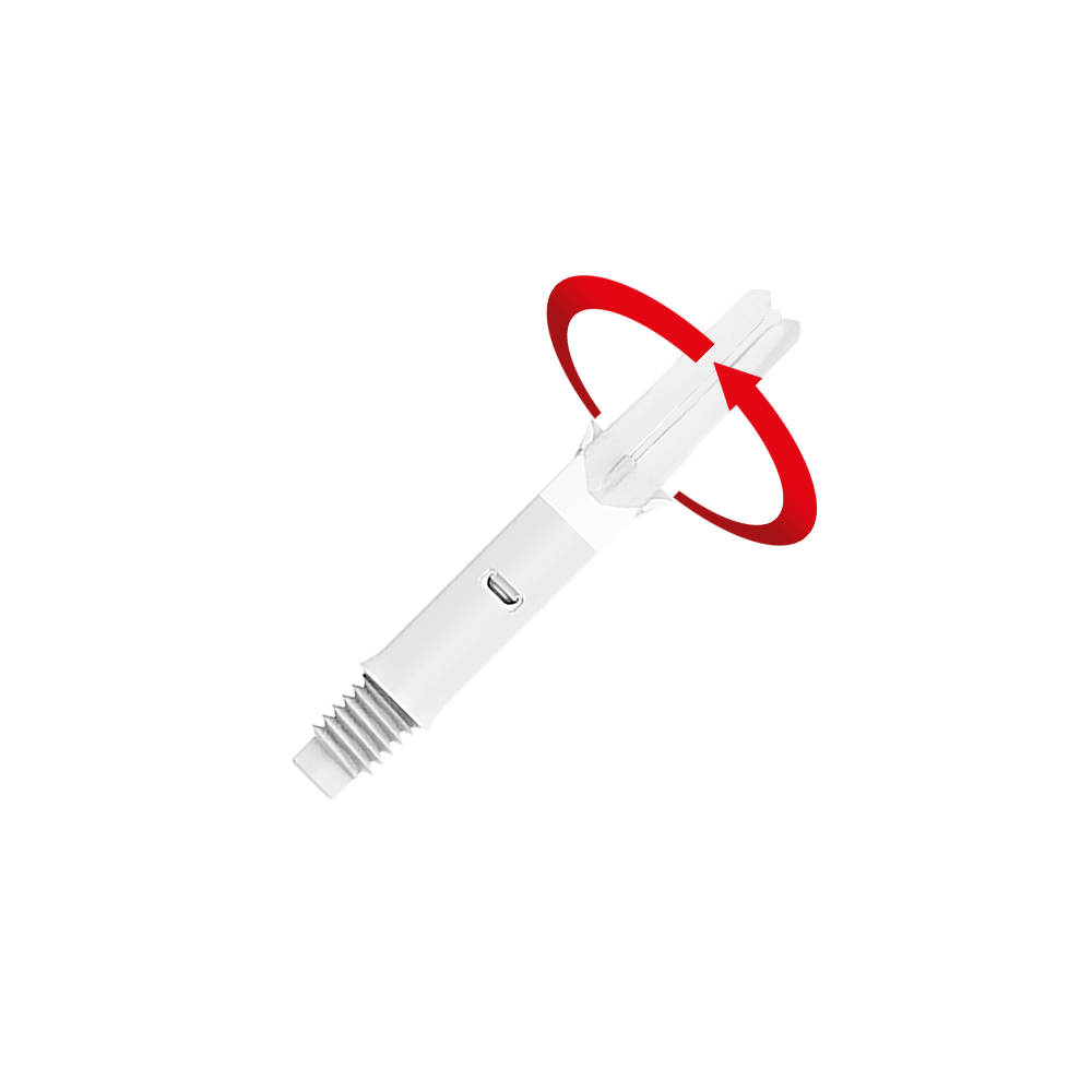 L-L-Style-Shafts Silent Straight - White Das Bild zeigt einen weißen Dartshaft ohne Kappen. Ein roter Pfeil deutet eine Drehbewegung an der Spitze des Shafts an.