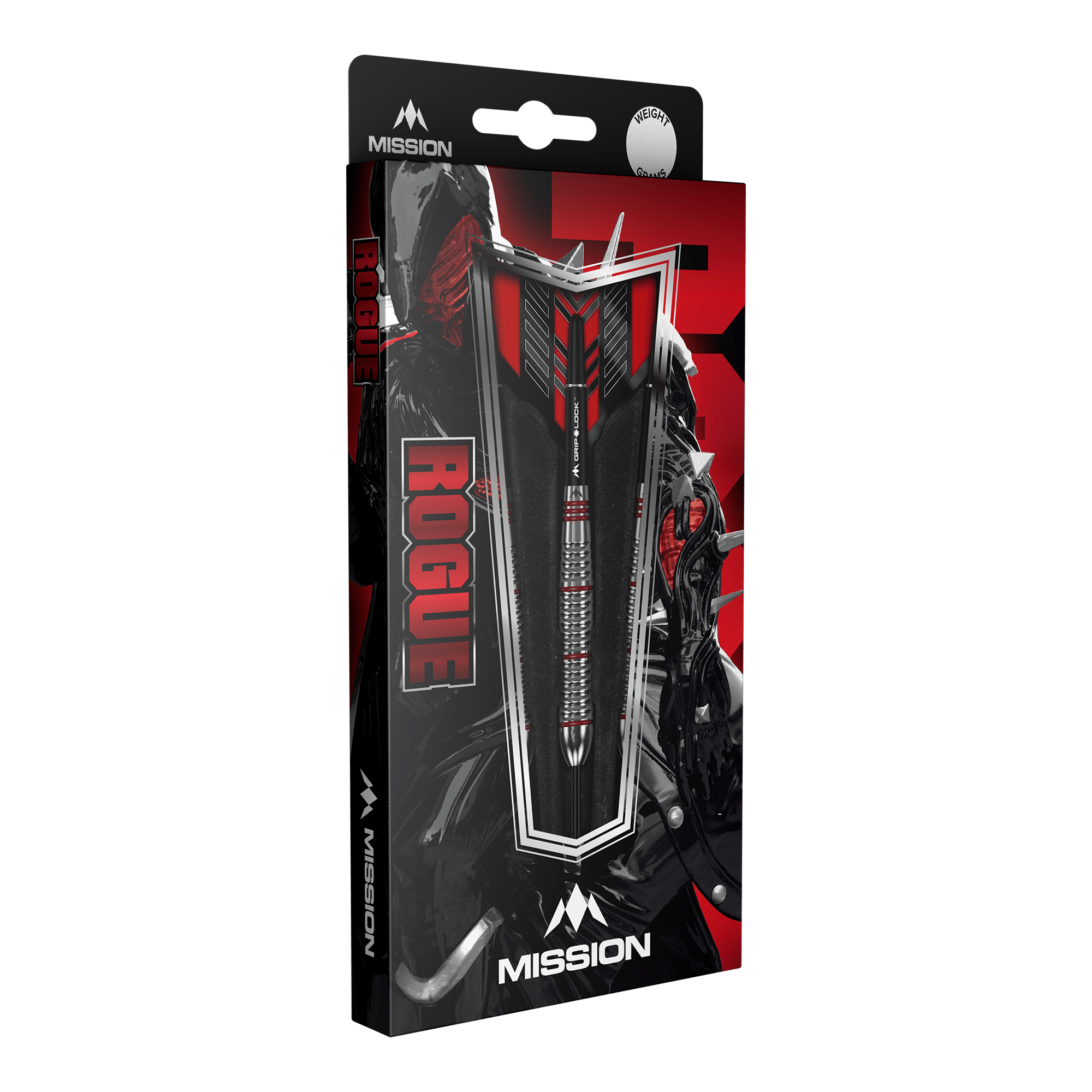 Mission Rogue Brass Steel Darts - 22g Die Abbildung zeigt die Verpackung der "Mission Rogue Brass Steeldarts - 22g". Die Verpackung ist überwiegend schwarz und rot gestaltet und zeigt den Dartpfeil sowie das Rogue-Logo deutlich.