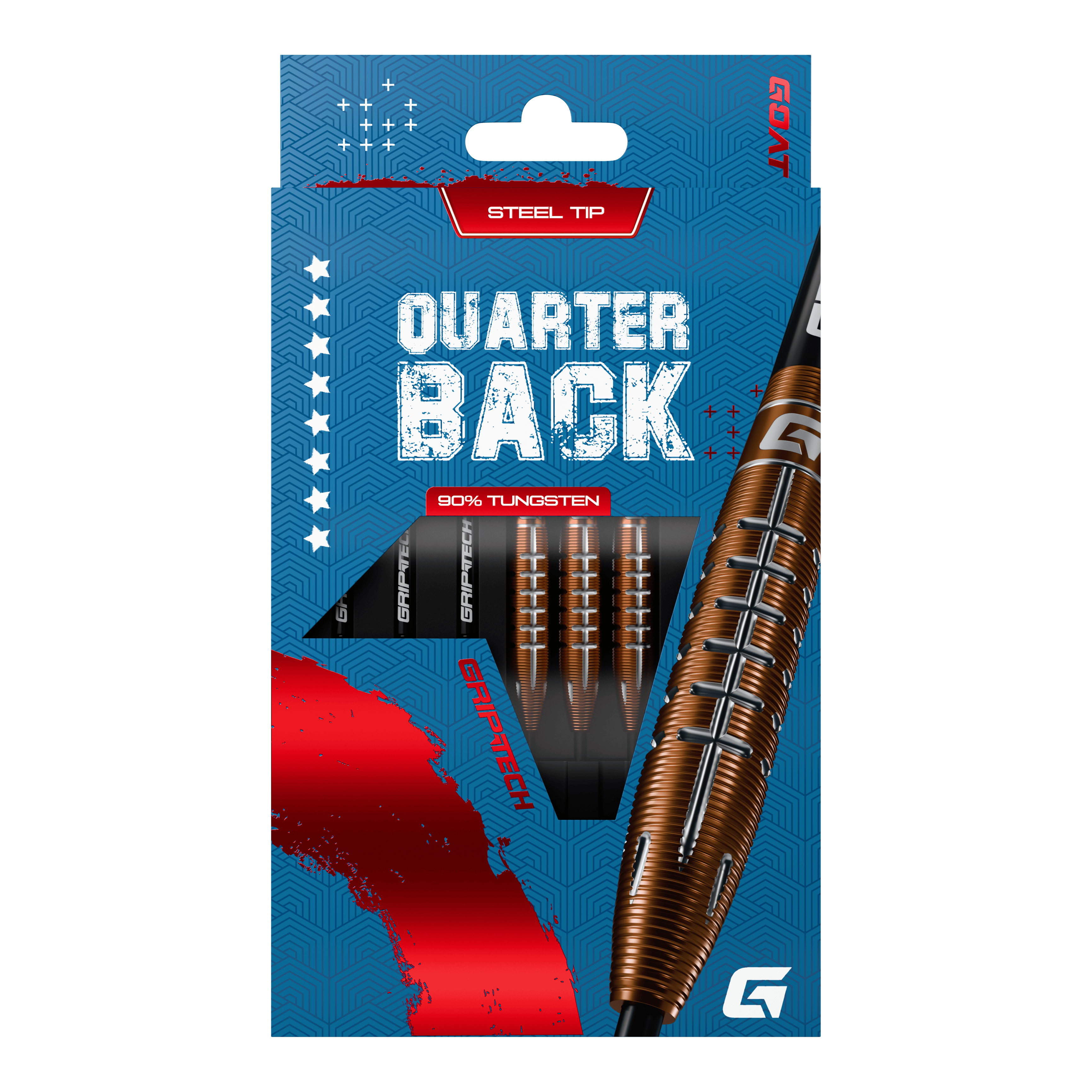 GOAT Quarterback V2 Tungsten Steel Darts - 24g Die Verpackung zeigt die "GOAT Quarterback V2 Tungsten Steeldarts - 24g" mit Stahlspitze. Die Darts bestehen zu 90% aus Tungsten und haben ein modernes Design.
