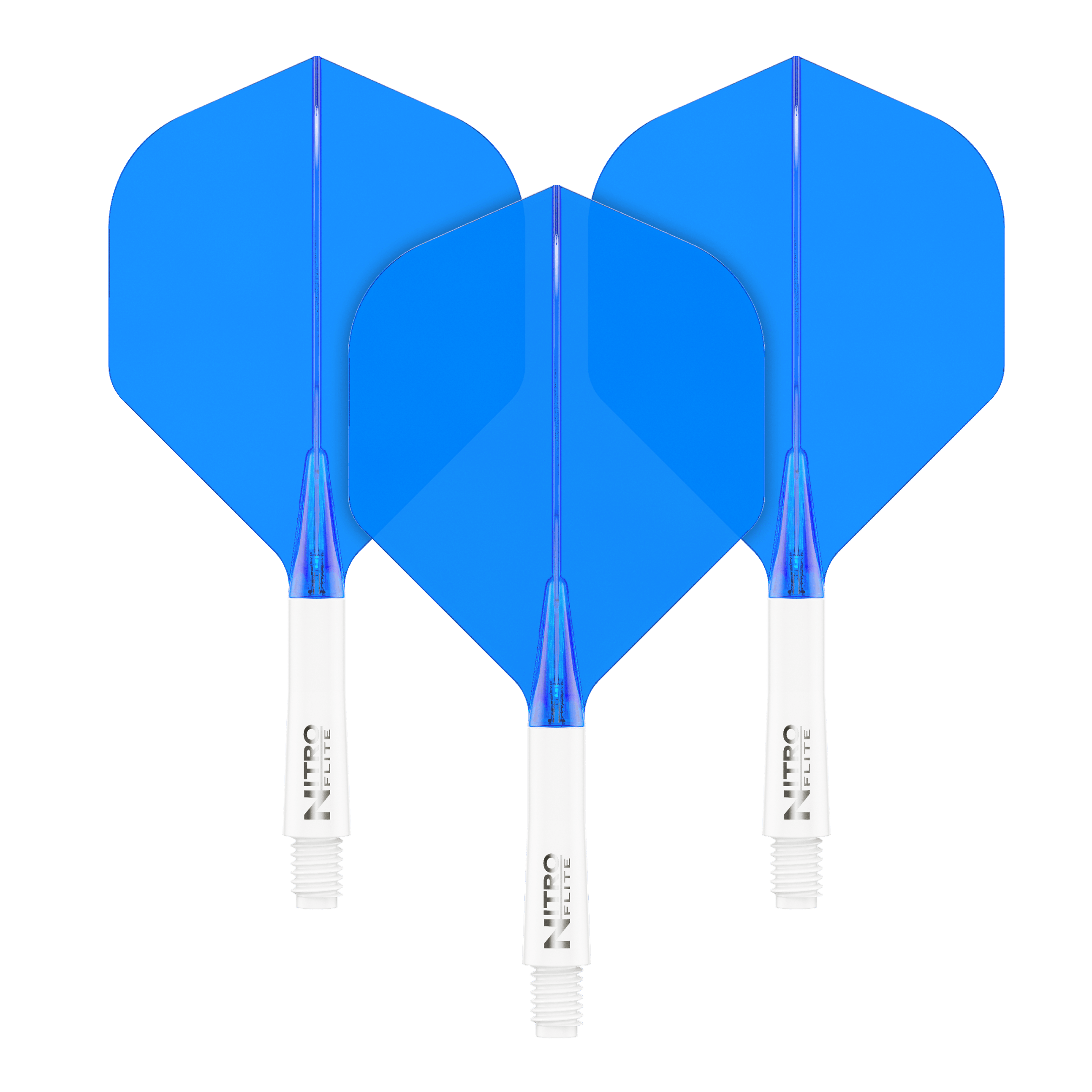 Red Dragon Nitroflite - White Shaft Blue No2 Flights Auf dem Bild sind drei blaue Dart-Flights mit weißen Schäften zu sehen. Sie stehen nebeneinander und haben die gleiche Größe und Form.