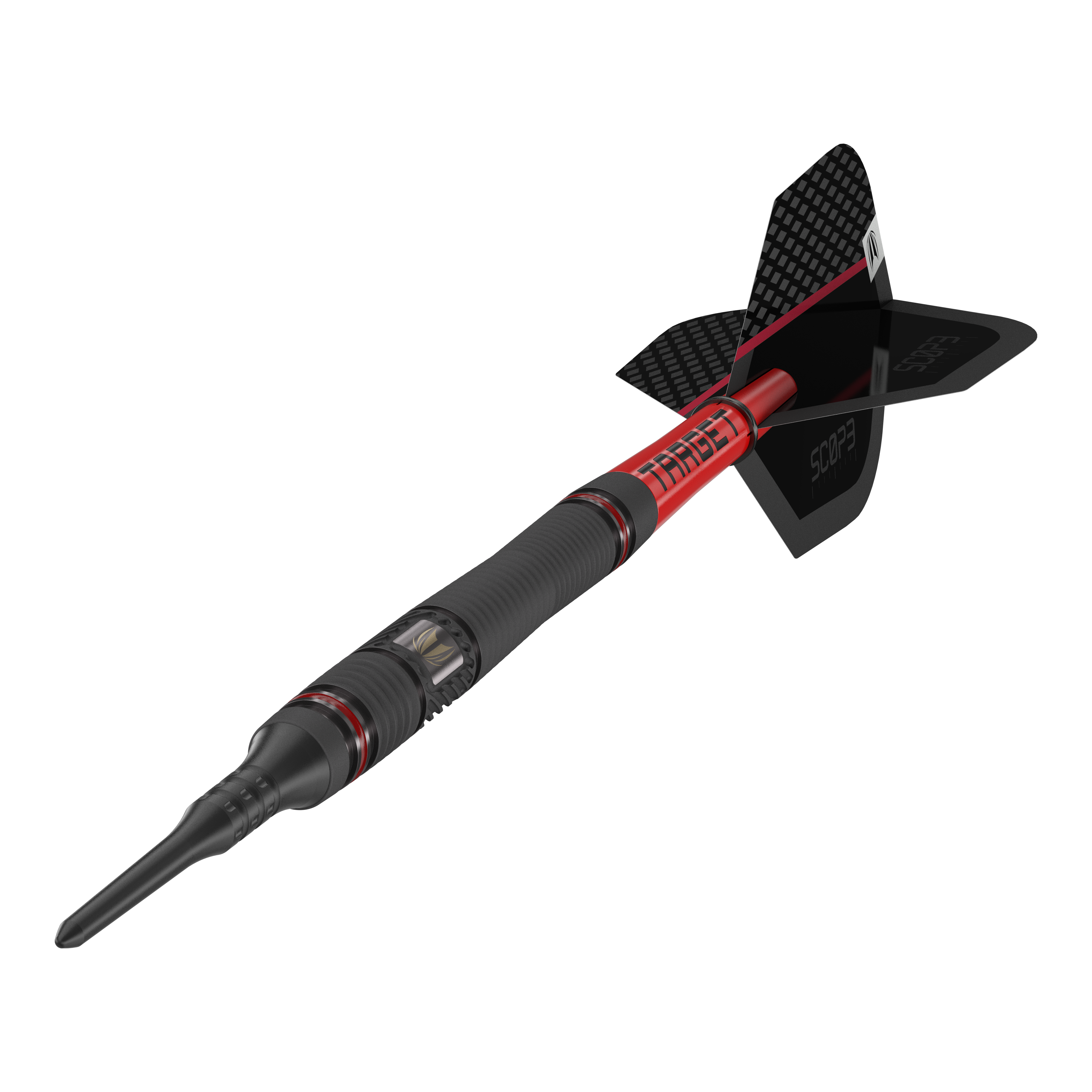 Target Scope 11 Soft Darts Das Bild zeigt einen Target Scope 11 Softdart mit schwarzem und rotem Design. Der Dartpfeil hat eine schwarze Spitze und eine schwarze Flight-Fläche mit Schriftzug.