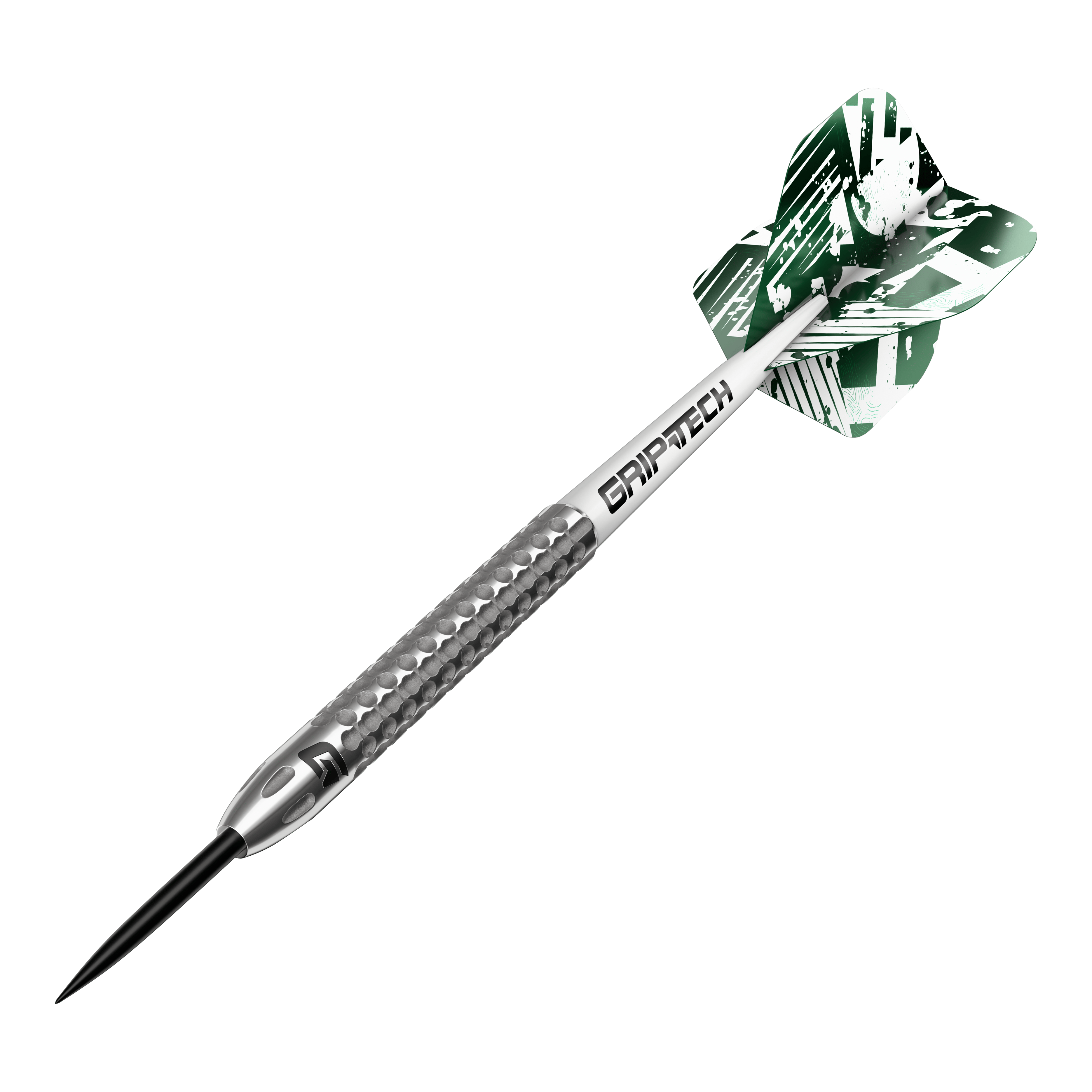GOAT Fairway V2 Tungsten Steel Darts Das Bild zeigt einen GOAT Fairway V2 Tungsten Steeldart. Der Dartpfeil hat ein silbernes Griffstück mit strukturierter Oberfläche und grüne Flights mit weißem Muster.