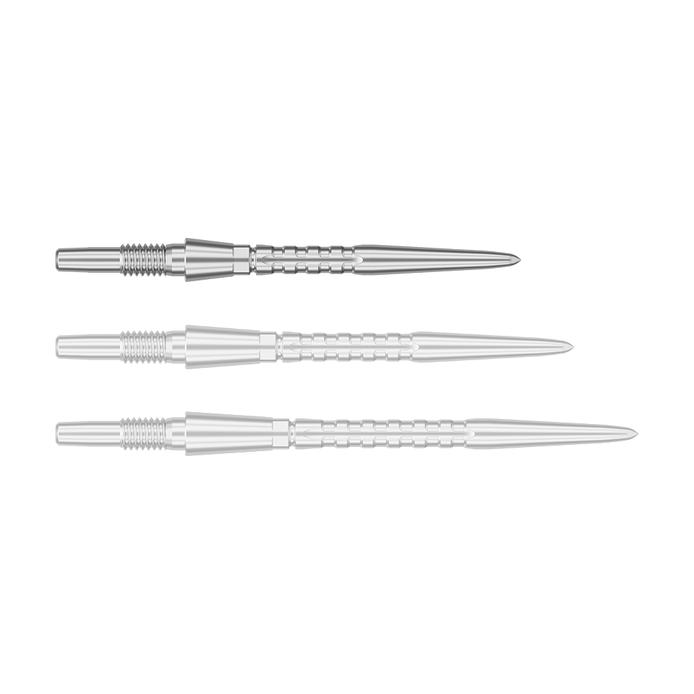 Target Swiss Point Storm Surge steel dart tips - silver Das Bild zeigt drei silberne Steeldartspitzen, die nebeneinander liegen. Sie haben eine gerillte Struktur und eine spitz zulaufende Form.
