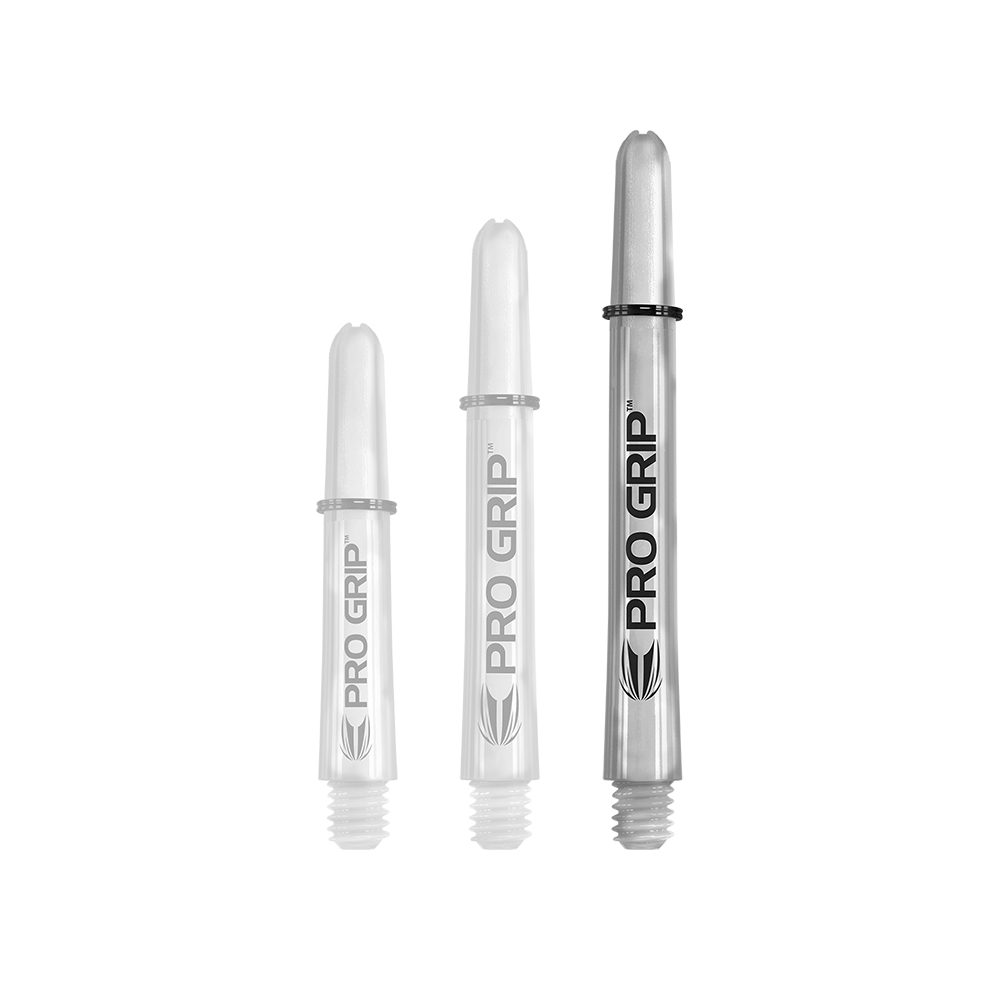 Das Bild zeigt drei transparente Pro Grip Shafts in unterschiedlichen Längen. Sie sind mit der Aufschrift "PRO GRIP" und einem schwarzen Logo versehen.