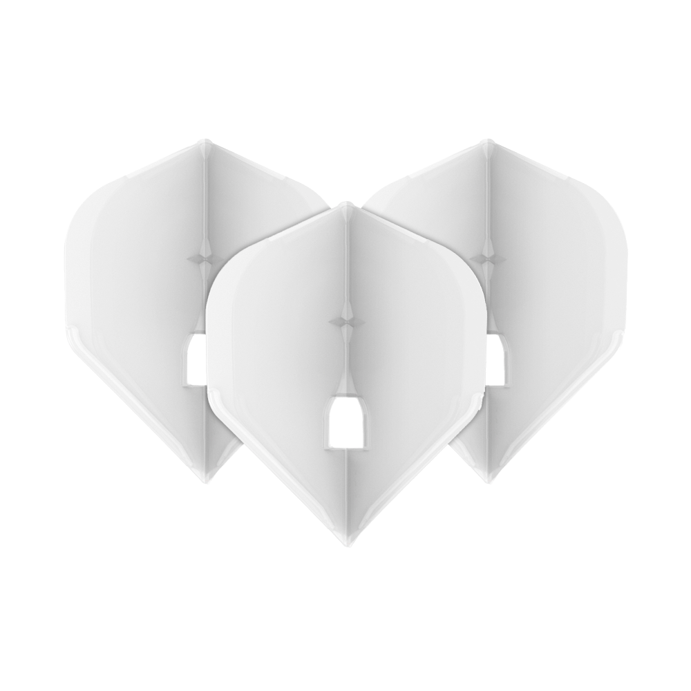 L-Style Champagne L1PRO Flights Auf dem Bild sind drei transparente Dartflights in weißer Farbe zu sehen, die nebeneinander angeordnet sind. Die Flights haben eine klassische Form und besitzen in der Mitte eine kleine rechteckige Öffnung.