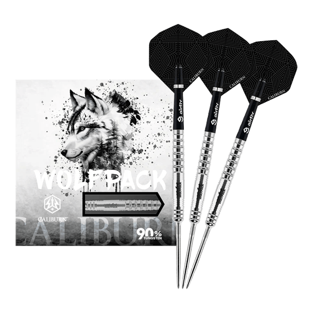 Caliburn Wolfpack W6 steel darts - 22g Gezeigt wird der Caliburn Wolfpack W6 Steeldart – 22g in voller Ansicht. Dieser Steeldart steht für genaue Würfe und hohe Qualität.