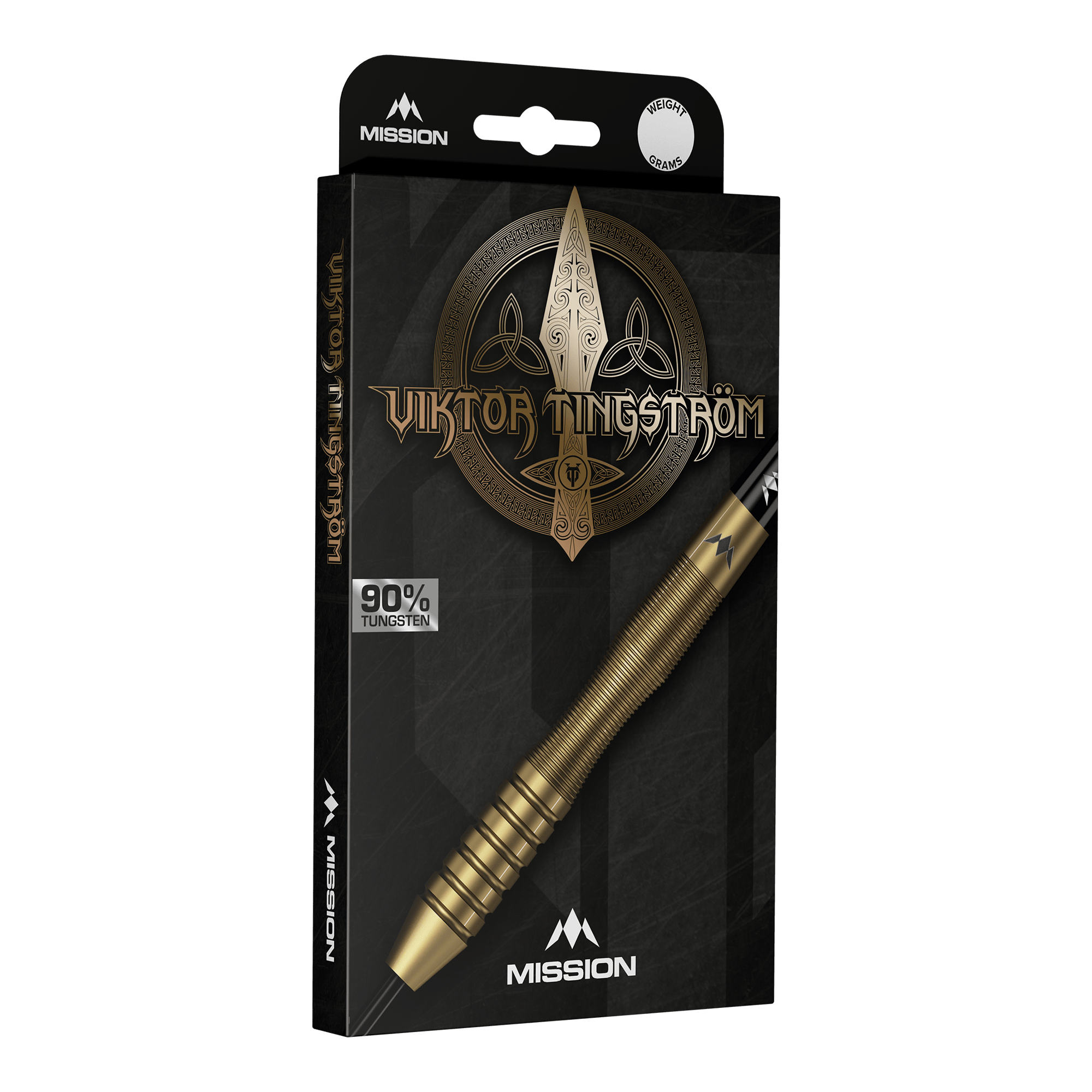 Mission Viktor Tingstrom Gold Steel Darts - 22g Mission Viktor Tingstrom Gold Steeldarts - 22g, mehrere Dartpfeile werden präsentiert. Die goldene Farbgebung und das spezielle Design sind erkennbar.