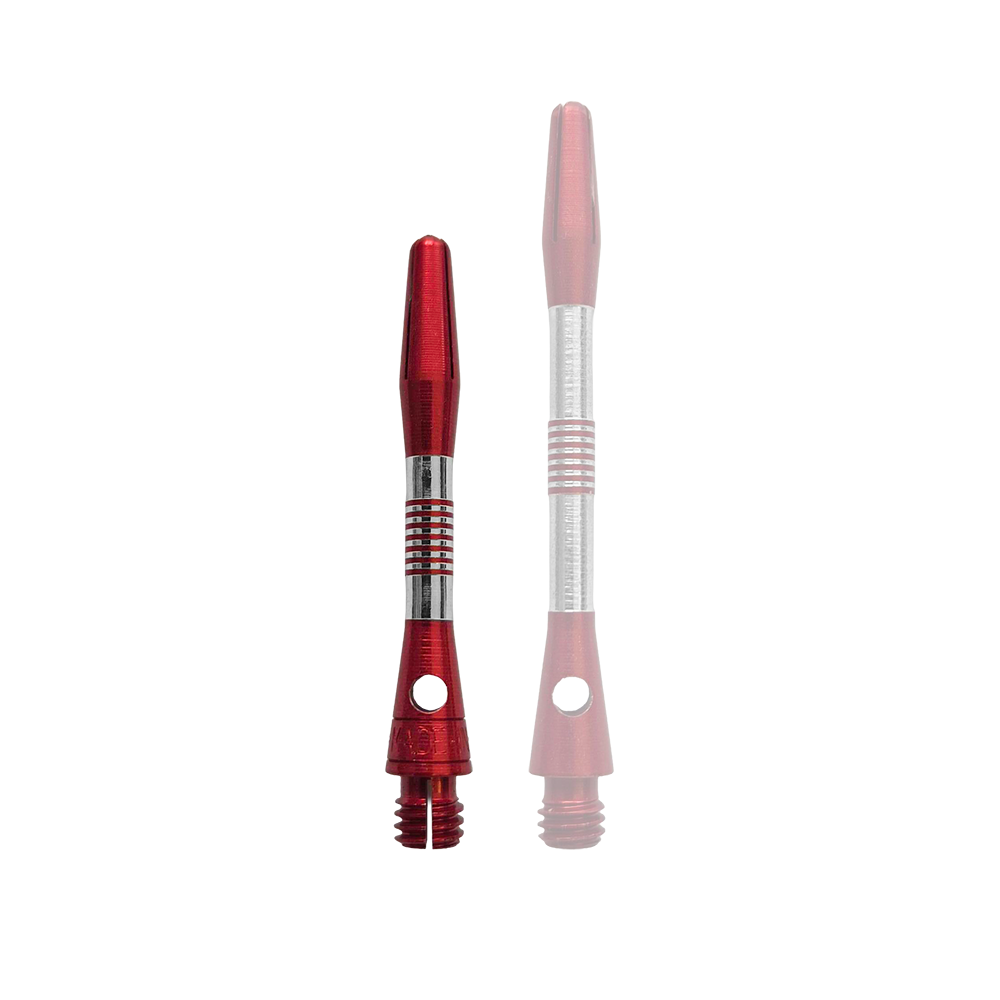 Bild zeigt rote Aluminium Shafts mit einer Länge von 34 mm. Es handelt sich vermutlich um Zubehör für Darts.