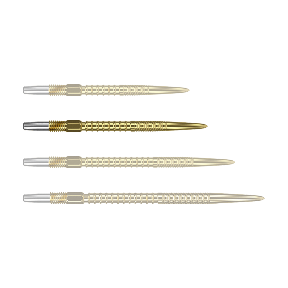 Target Swiss Firepoint Gold dart tips Das Bild zeigt vier goldfarbene Dartspitzen, die nebeneinander liegen. Die Spitzen haben einen silbernen Ansatz und eine gerillte Struktur.