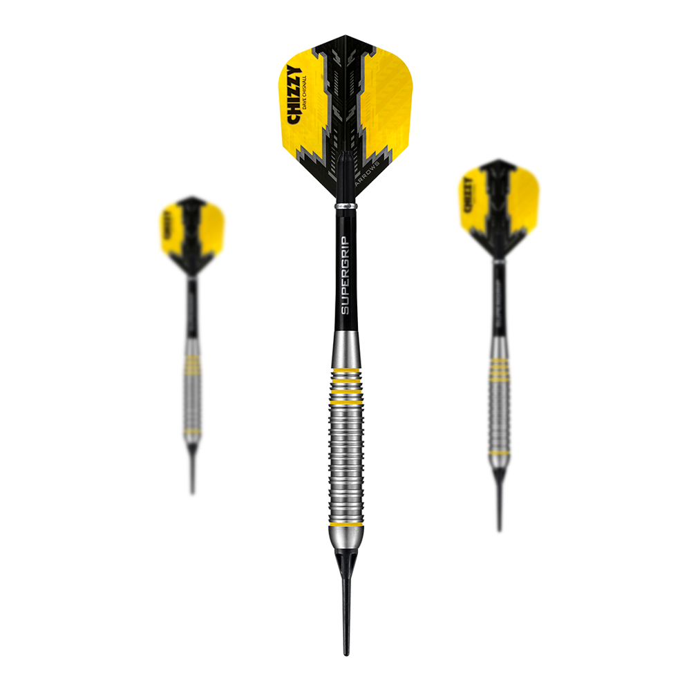Harrow's Dave Chisnall Chizzy Brass Soft Darts Das Bild zeigt drei Harrows Dave Chisnall Chizzy Brass Softdarts. Die Pfeile haben gelb-schwarze Flights und einen geriffelten silbernen Barrel.