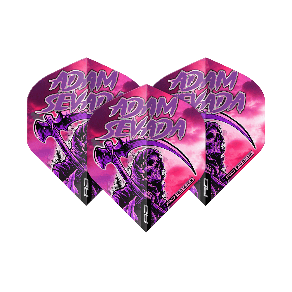Das Bild zeigt drei Dartflights mit dem Namen "Red Dragon Hardcore Adam Sevada Premium No2 Standard Flights". Die Flights sind in lila und rosa Tönen gestaltet und zeigen ein Sensenmann-Design mit dem Schriftzug "Adam Sevada".