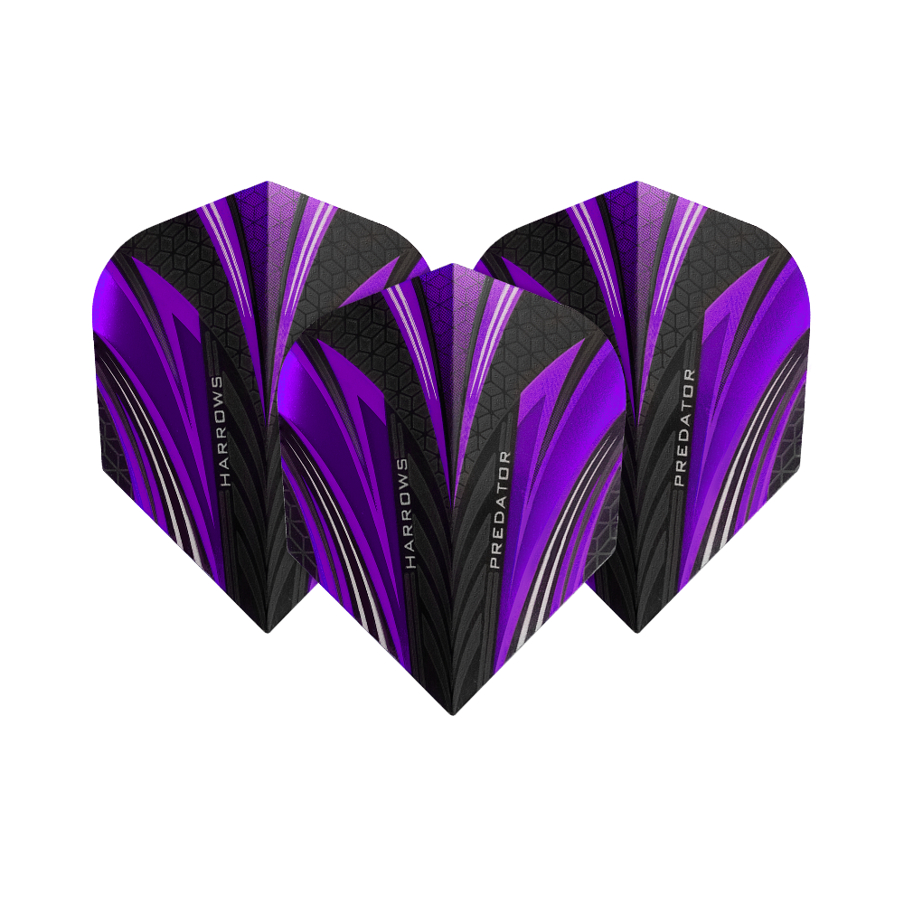 Das Bild zeigt drei Dart-Flights mit dem Namen "Harrows Prime Predator Purple No2 Standard Flights". Sie sind in den Farben Lila, Schwarz und Silber mit einem modernen Design gestaltet.