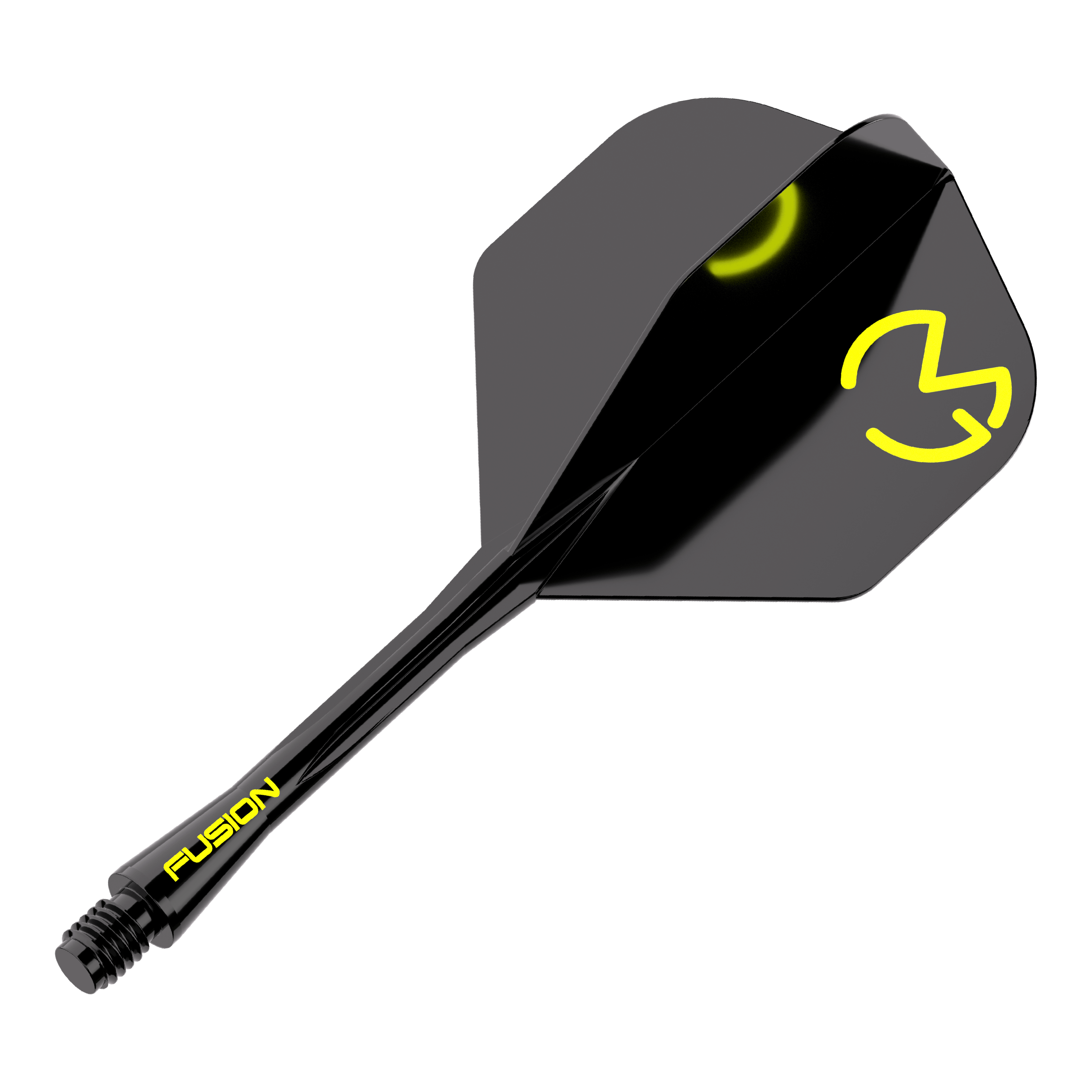 Winmau Fusion Flight Shaft System Michael Van Gerwen Pacman No2 Standard Das Bild zeigt das Winmau Fusion Flight-Shaft-System Michael Van Gerwen Pacman No2 Standard. Es ist schwarz mit gelben Akzenten und dem Logo auf dem Flight.
