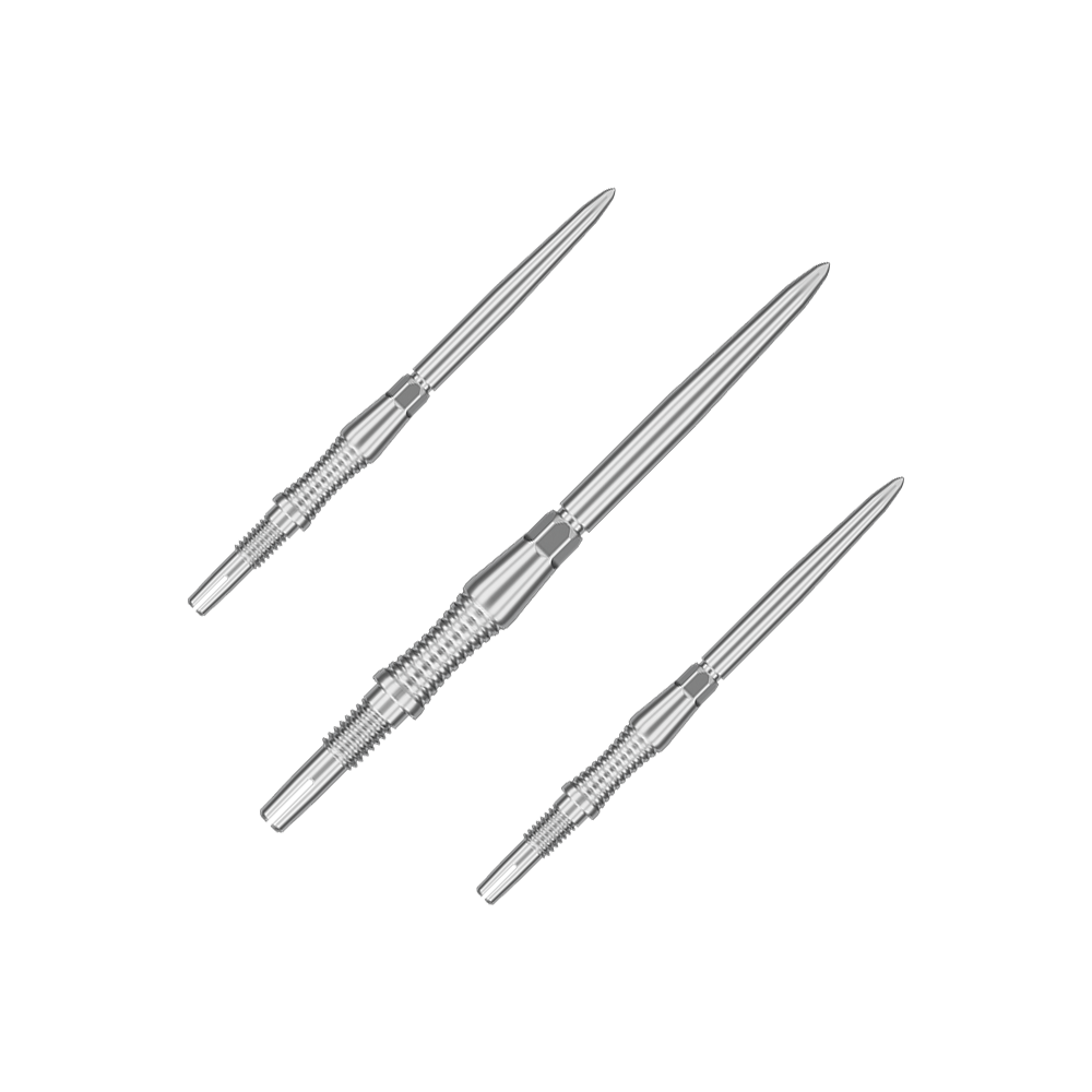 Target Swiss Point Dart Tips Signature RST - Silver Abgebildet sind Dartspitzen mit der Bezeichnung '340301_Target_Swiss_Point_Dartspitzen_Signature_RST_Silber_35mm_1Set'. Das Bild zeigt silberne Dartspitzen in einem Set.