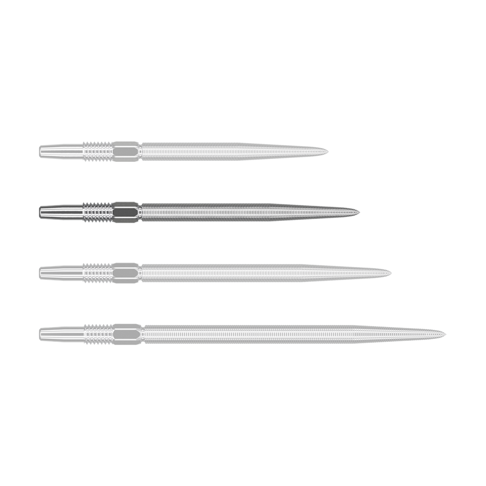 Target Swiss Point Nano Dart Tips - Silver Auf dem Bild sind vier silberne Dartspitzen in einer Reihe nebeneinander zu sehen. Sie sind schmal, lang und haben feine Rillen entlang der Oberfläche.
