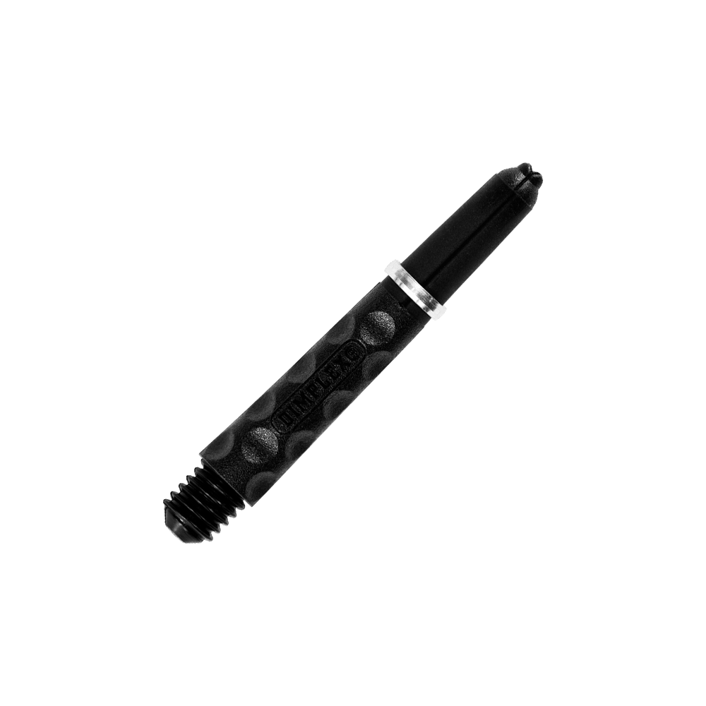 HR321_Harrows_Dimplex_Shafts_Schwarz_34mm_2 Das Bild zeigt den Harrows Dimplex Shaft in Schwarz. Der Schaft hat eine strukturierte Oberfläche mit runden Vertiefungen für besseren Halt.