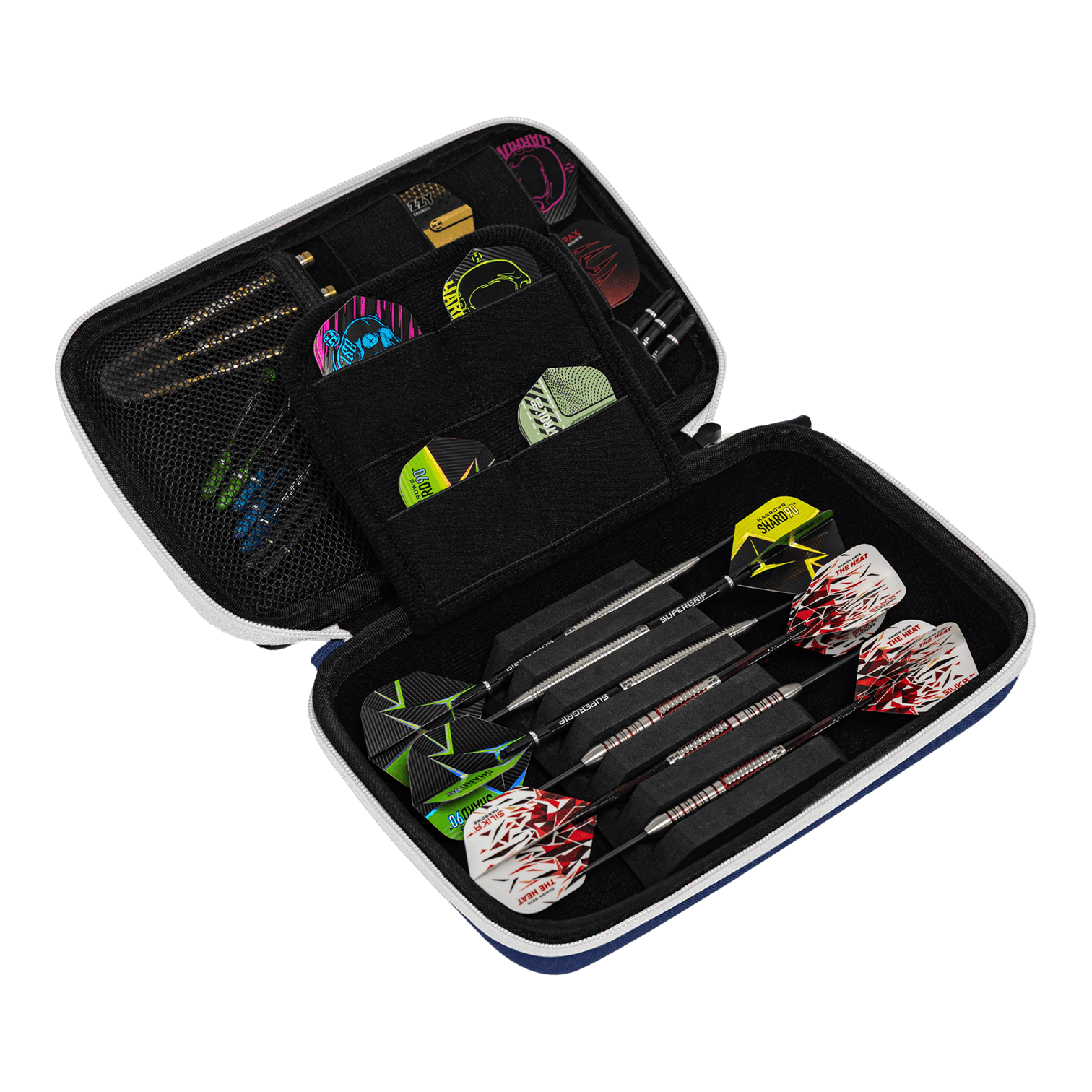 Harrows Smart Case XL dart wallet Das Bild zeigt ein geöffnetes Dart-Etui mit mehreren Darts und Zubehörteilen. In den Fächern sind verschiedene Flights und Spitzen ordentlich verstaut.