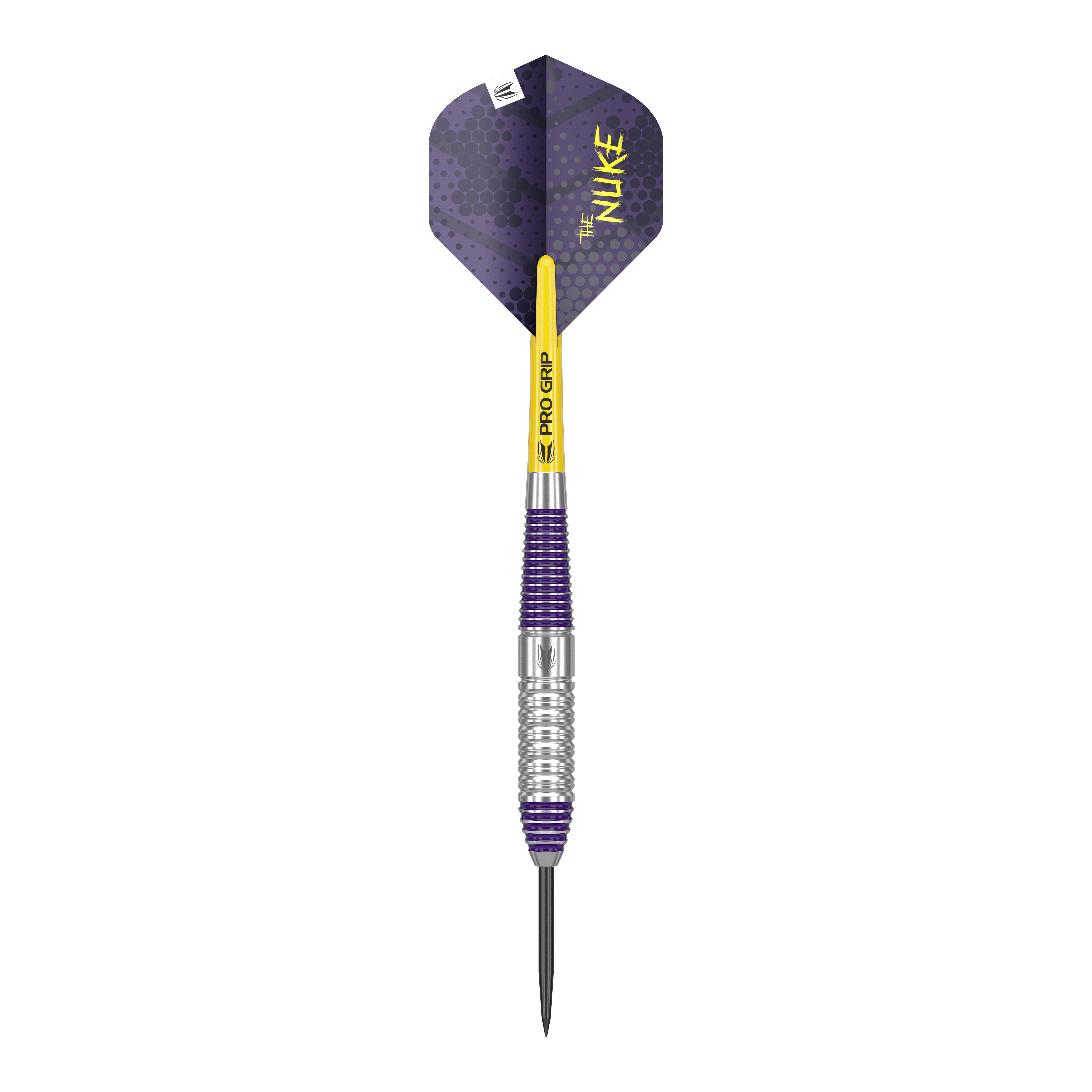 Target Luke Littler Brass Steel Darts - 22g Das Bild zeigt einen Target Luke Littler Brass Steeldart mit einem Gewicht von 22g. Der Dart hat violette und silberne Elemente sowie einen gelben Schaft mit der Aufschrift „PRO GRIP“.