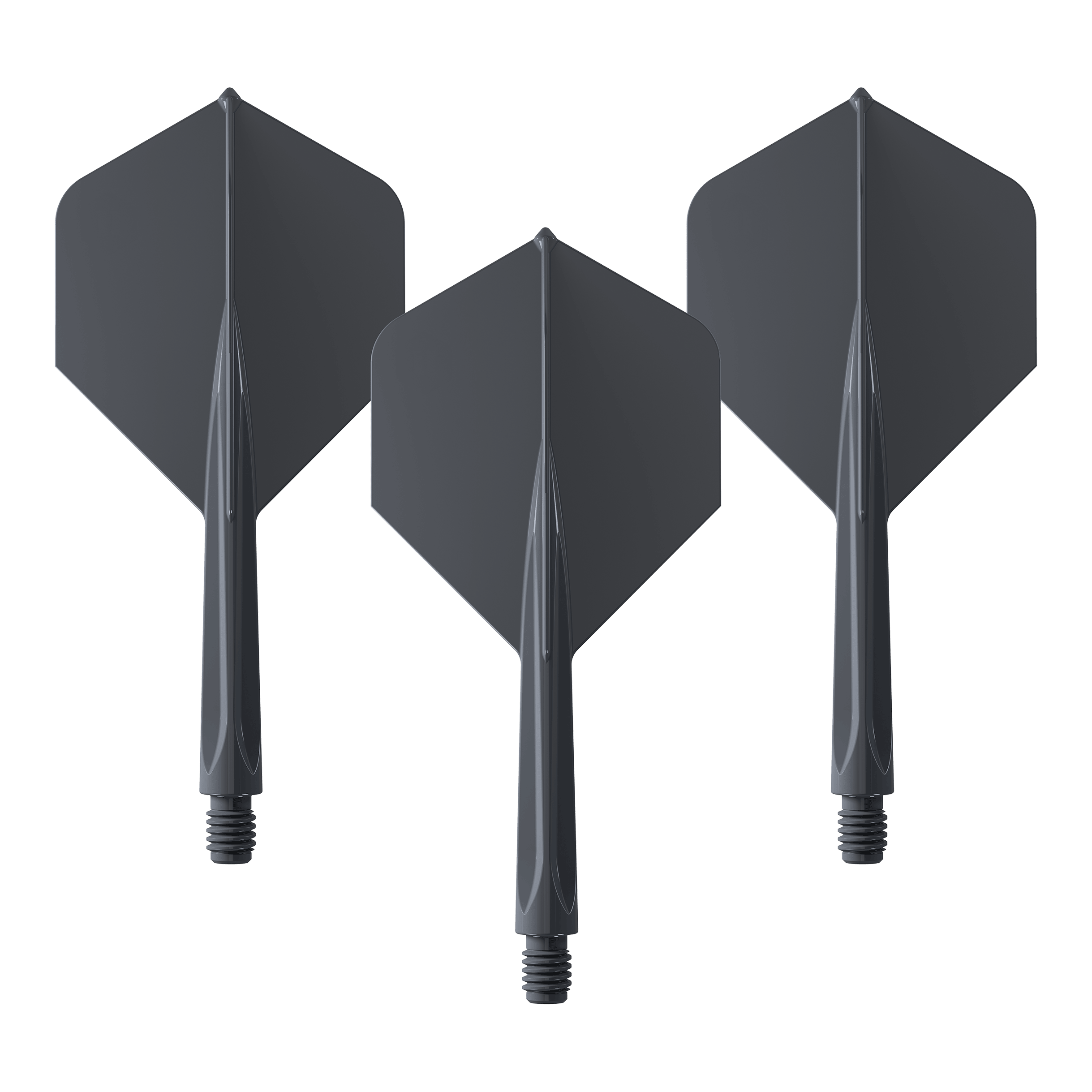 Das Bild zeigt drei schwarze Dartflights mit integriertem Schaft in mittlerer Größe. Es handelt sich um das Produkt "Unicorn Forge All In One Plus No2 Standard Flights Schwarz - Medium".