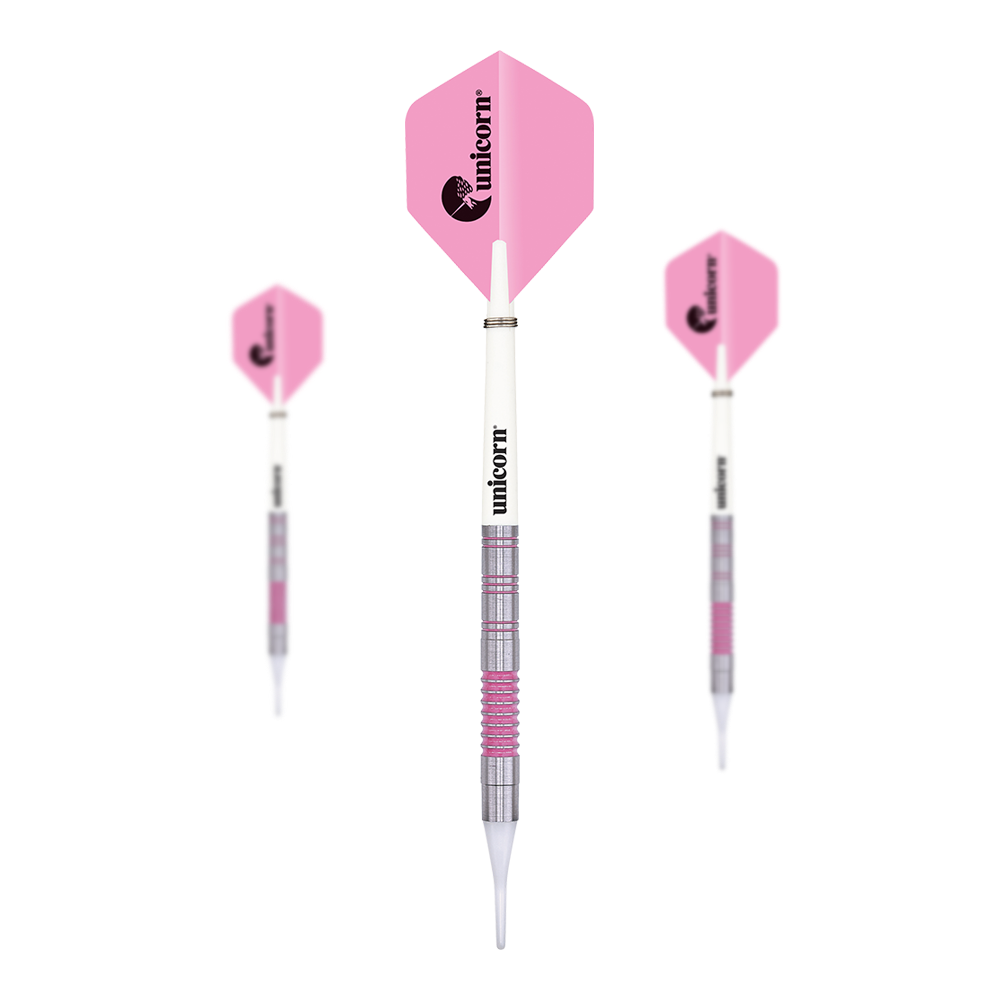 Unicorn Autograph Soft Darts - 19g Das Bild zeigt drei Softdarts des Produkts "Unicorn Autograph Softdarts - 19g". Die Darts haben pinke Flights und einen silber-weißen Schaft mit pinken Akzenten.