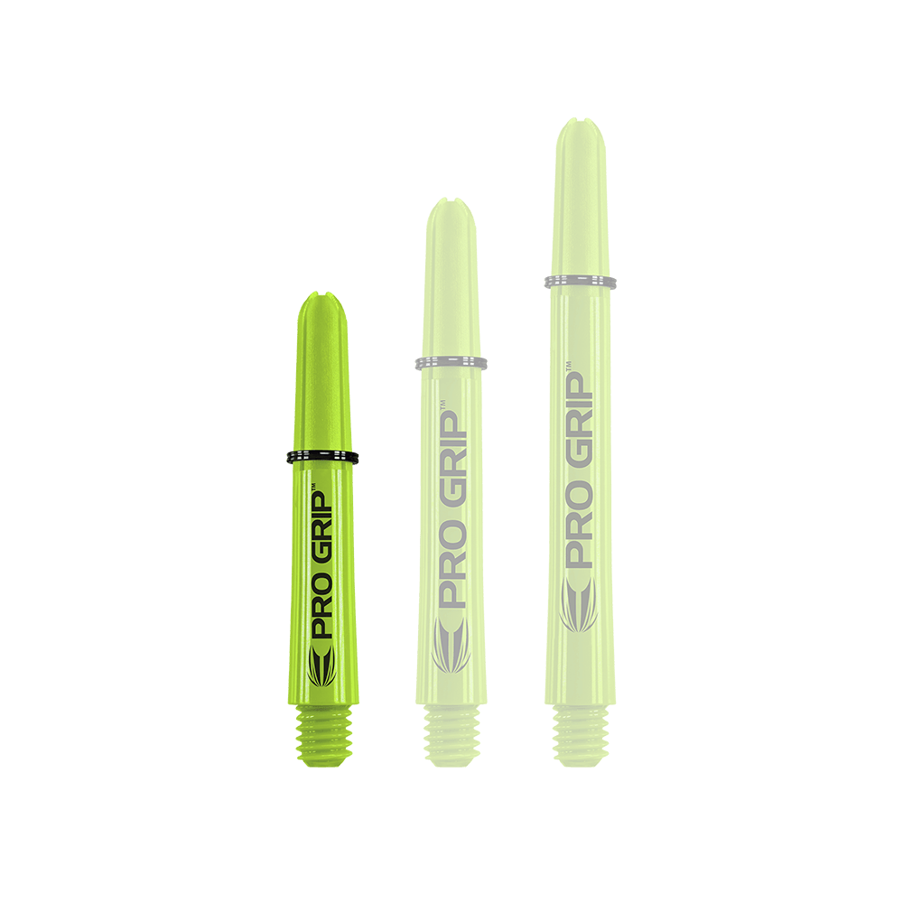 Target Pro Grip Shafts - 3 Sets - Lime Green Das Bild zeigt drei limegrüne Pro Grip Shafts in unterschiedlicher Länge. Auf jedem Schaft steht gut sichtbar der Schriftzug "PRO GRIP".